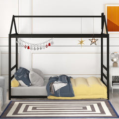 HAOYYE House Platform Bed with Roof and Chimney Design,Black Sturdy Space-Saving Heavy Duty Modern Design Easy Assembly Durable Stylish Home Furniture Versatile