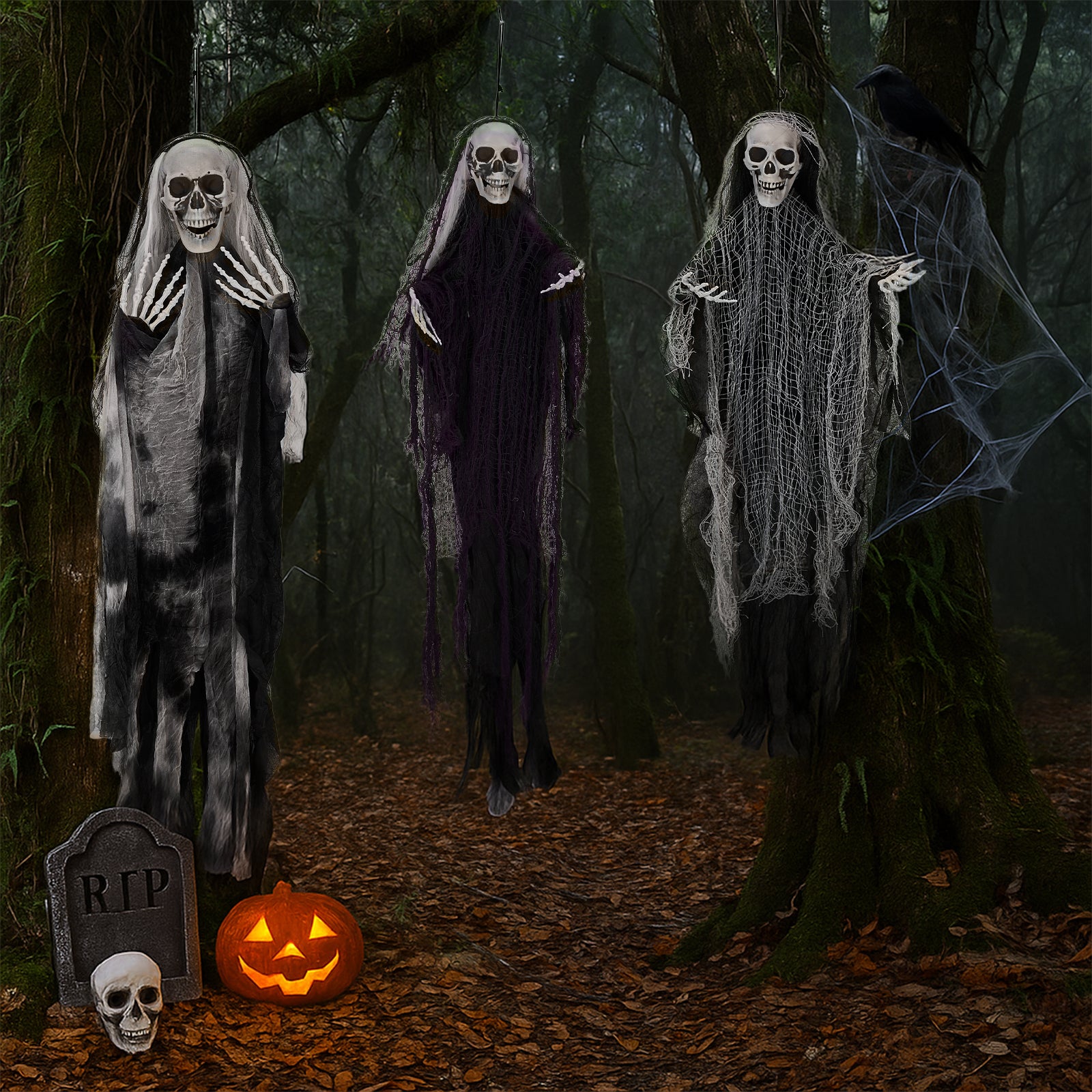 HAOYYE Halloween Hanging Skeleton Ghost Decorations 3-Pack Set Grim Reapers with Adjustable Arms for Spooky Outdoor and Indoor Halloween Party Decor Durable Plastic and Fabric