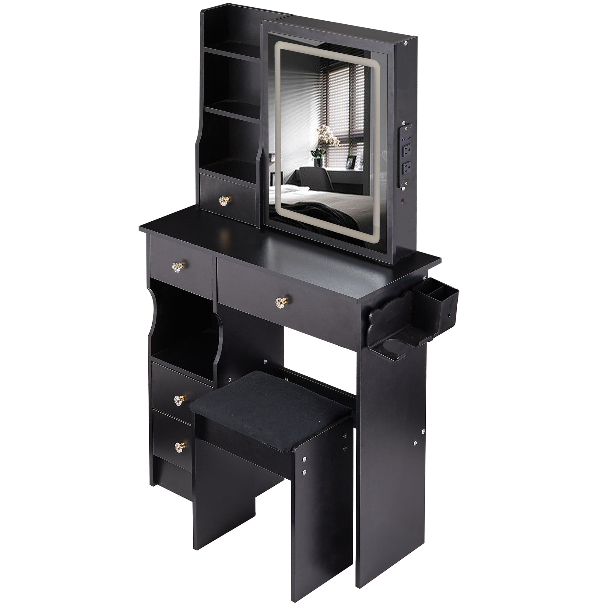 HAOYYE Small Size Left Drawer Desktop Vanity Table + Cushioned Stool, 2 AC+2 USB Power Station, Hair dryer bracket, Extra Large Touch Control Sliding LED Mirror, Tri-color Switching, EPA,GCC,UL Certificate