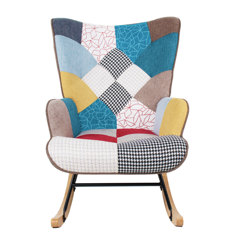 Haoyye Mid-Century Modern Rocking Chair with Patchwork Linen Upholstery, Fabric Accent Rocker with Wood Legs and High Backrest, Comfortable Retro Armchair for Living Room, Bedroom or Lounge, Sturdy Space-Saving Easy Assembly Design