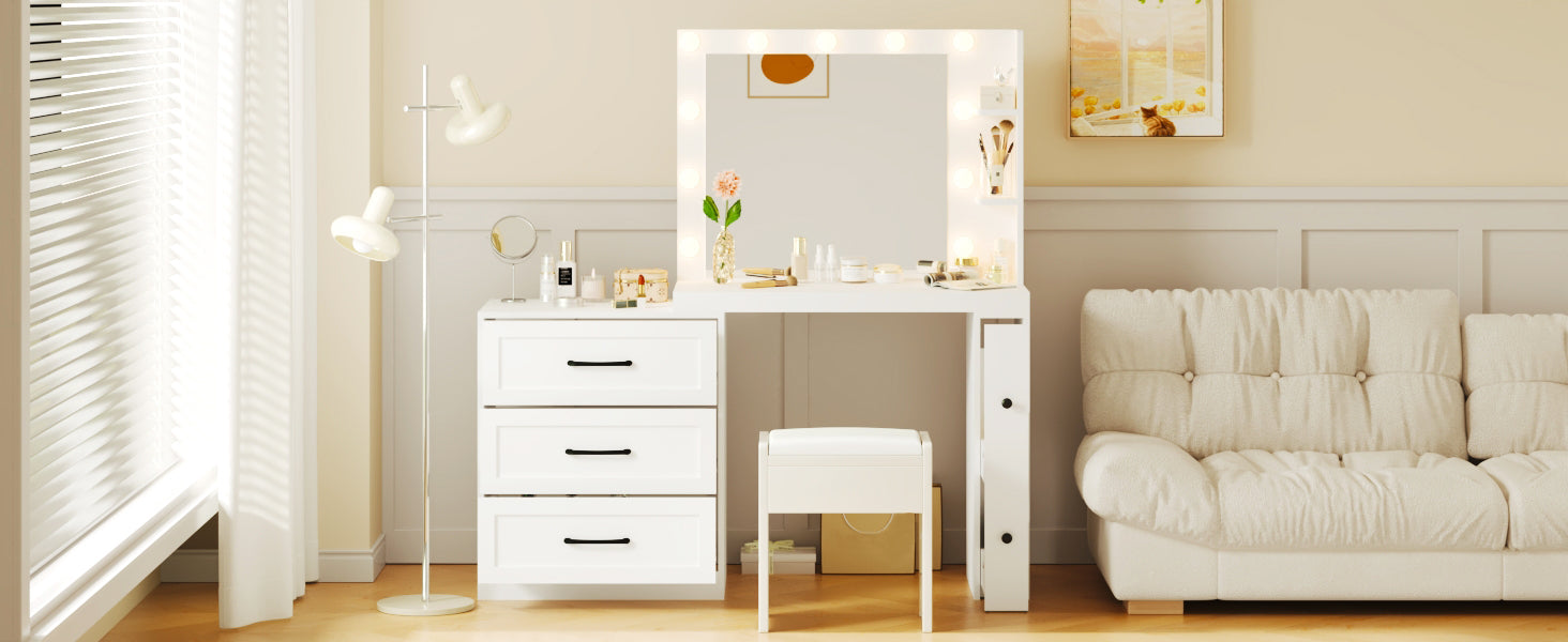 HAOYYE 55.2" Vanity Desk with Freely Adjustable Side Cabinet, Makeup Vanity with Hollywood Lights, 5 Storage Drawers & 2-shelves, Modern Dressing Table, White