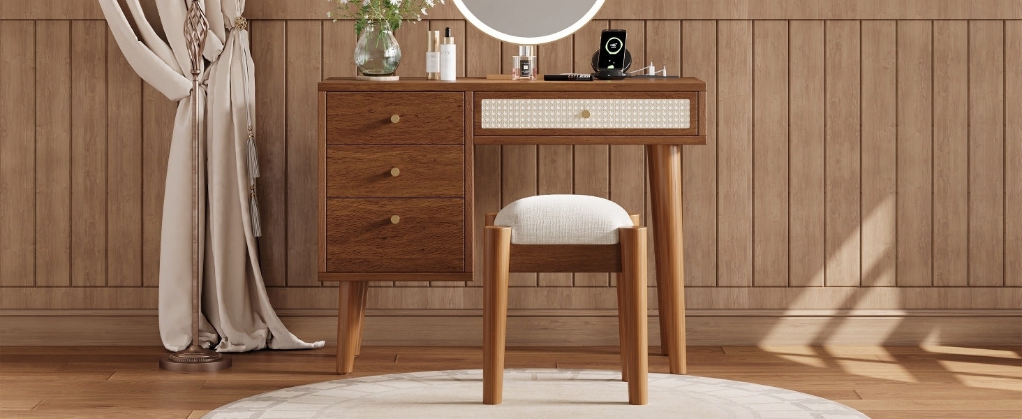 HAOYYE 39" Retro Bohemian Style Wooden Makeup Vanity Set with Charging Plug&USB Port and Stool, Dressing Table with 3 Storage Drawers and 1 Rectangular Rattan Drawer, Walnut
