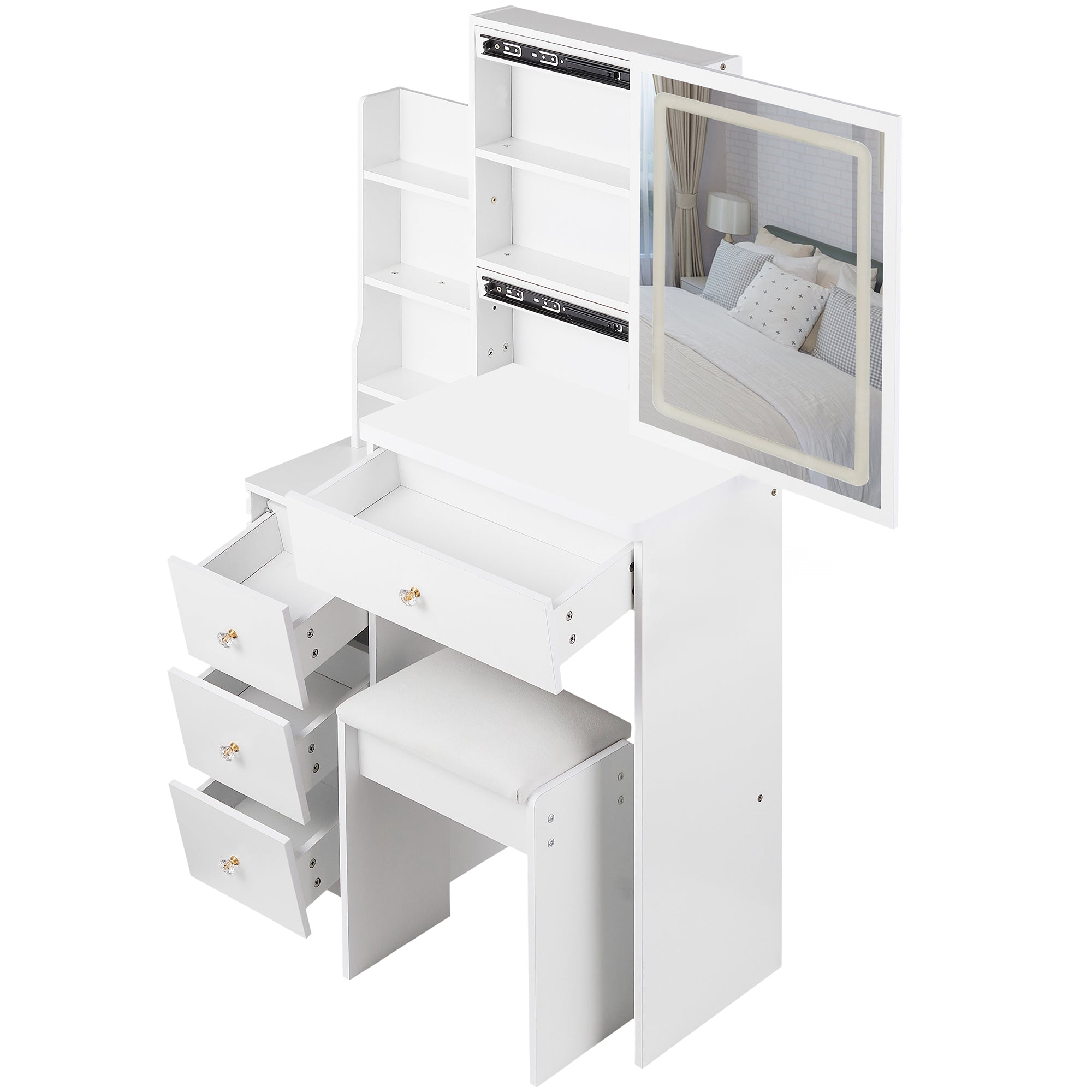 HAOYYE Small Size Left Bedside Cabinet Vanity Table + Cushioned Stool, Touch Control Sliding LED Mirror, Tri-color Switching, Brightness Adjust, Multi Layer, Suitable for Small Space, EPA,GCC,UL Certificate