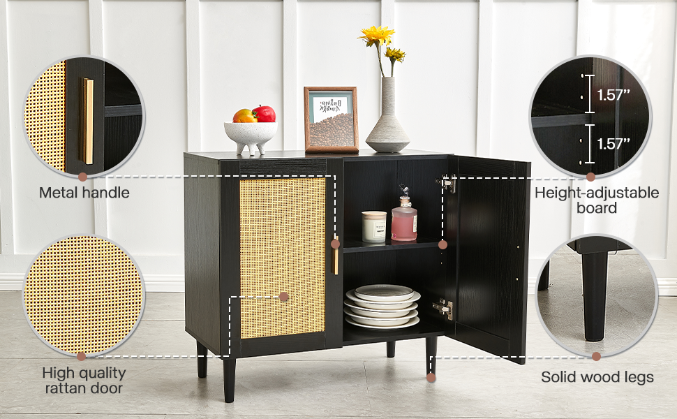 HAOYYE Side panel buffet cabinet with natural rattan door, rattan storage cabinet with adjustable shelves, side panel and buffet with storage space, modern console cabinet in bedroom and living room Sturdy
