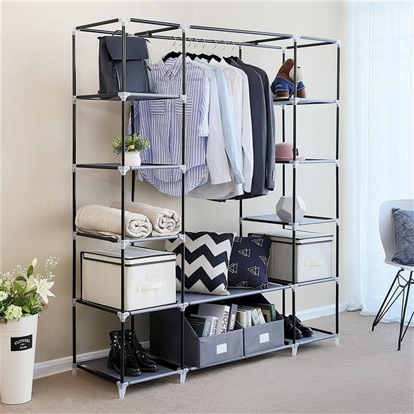 DE Direct HAOYYE Portable Clothes Closet Wardrobe Storage Organizer with Non-Woven Fabric Cover Strong Steel Frame and 12 Shelves Freestanding Garment Rack Dustproof and Waterproof Fabric Quick and Easy Assembly for Bedroom Entryway Black