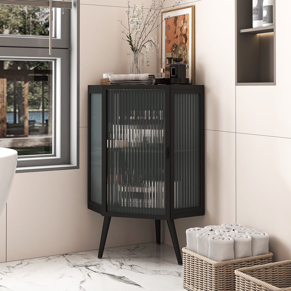 HAOYYE 22.25" Floor Coner Cabinet with Tempered Glass Door & Storage Shelves for Bathroom, Living Room, Bedroom (Black) Sturdy Space-Saving Heavy Duty Modern Design Adults Dorm Room Easy Assembly