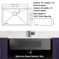 HAOYYE 27x17 inch Undermount Gunmetal Black 18 Gauge Stailess Steel Kitchen Sink Sturdy Space-Saving Heavy Duty Modern Design Adults Dorm Room Easy Assembly Bedroom Furniture