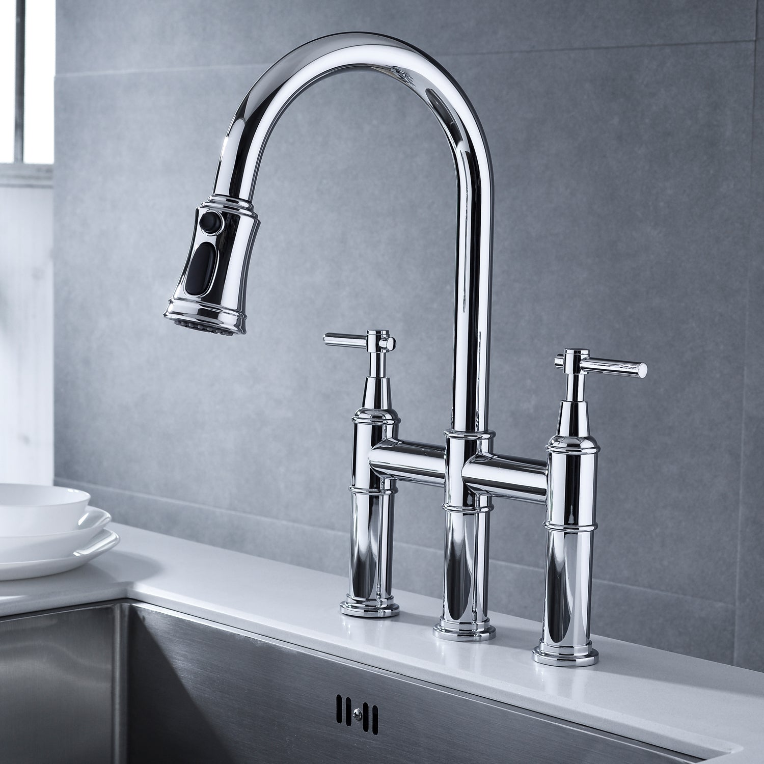 HAOYYE Bridge Kitchen Faucet with Pull-Down Sprayhead in Spot Sturdy Space-Saving Heavy Duty Modern Design Adults Dorm Room Easy Assembly Bedroom Furniture