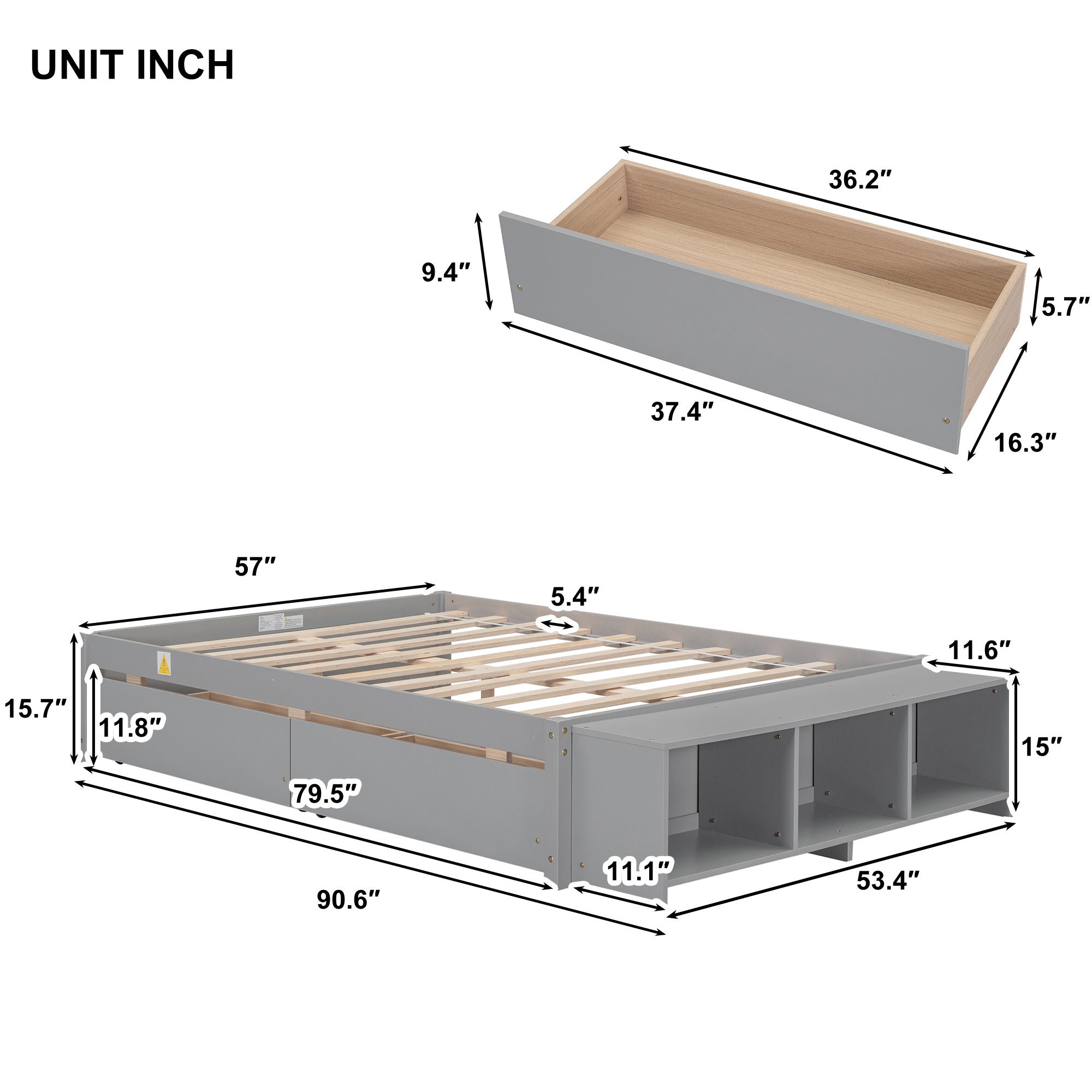 HAOYYE Full Size Bed with Storage Case, 2 Storage Drawers, Lengthwise Support Slat, Grey Heavy Duty Sturdy Bed Frame, Space-Saving Modern Design, Easy Assembly, Durable Stylish Home Furniture, Versatile Bedroom Storage Solution.