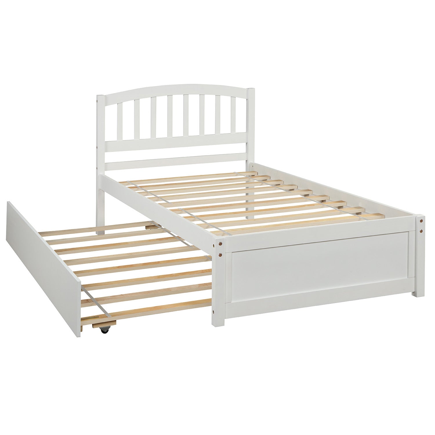 HAOYYE Twin size Platform Bed Wood Bed Frame with Trundle, White Sturdy Space-Saving Heavy Duty Modern Design Easy Assembly Durable Stylish Home Furniture Versatile