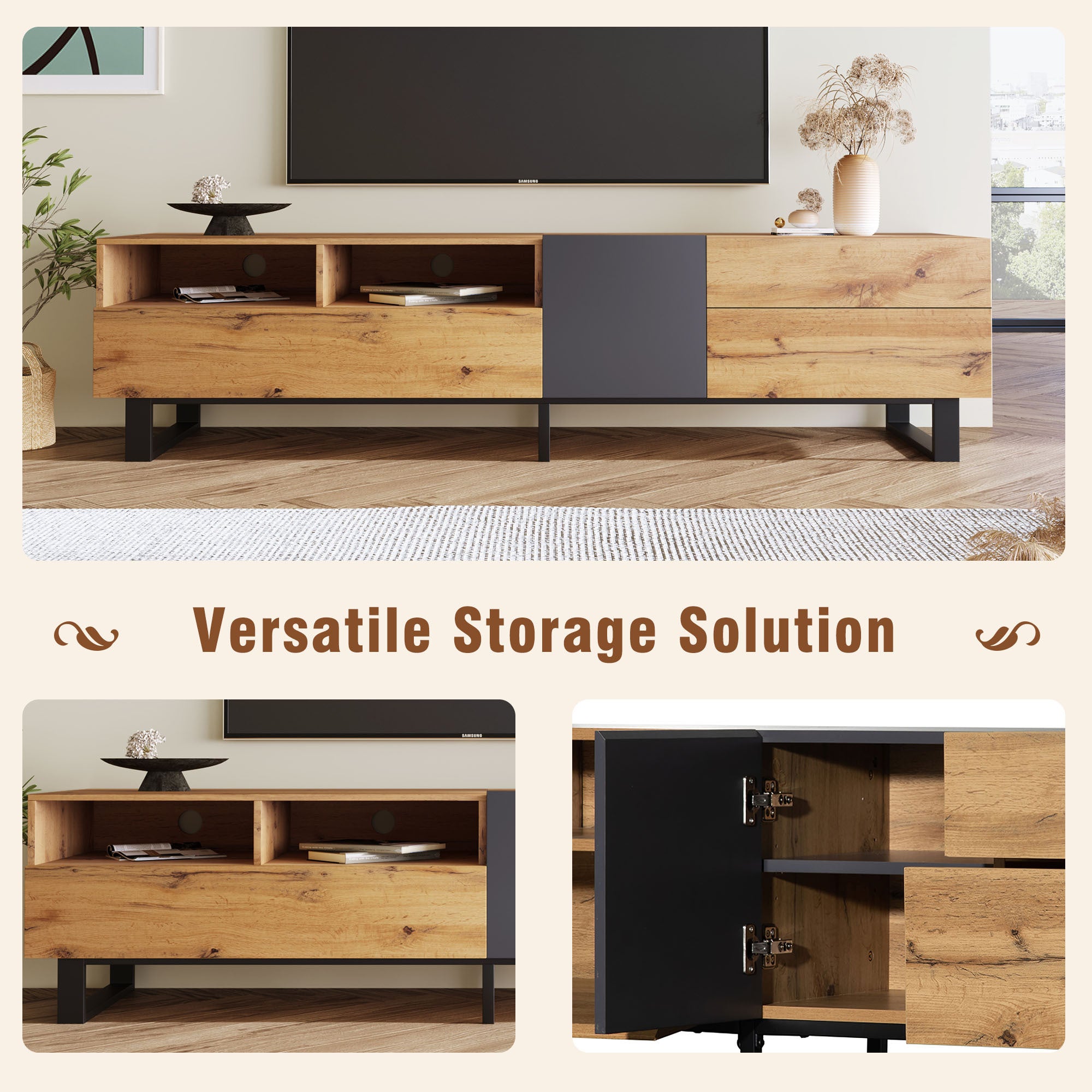 HAOYYE Modern TV Stand for 80'' TV with Double Storage Space, Media Console Table, Entertainment Center with Drop Down Door for Living Room, Bedroom, Home Theatre Sturdy Space-Saving Heavy Duty Modern Design