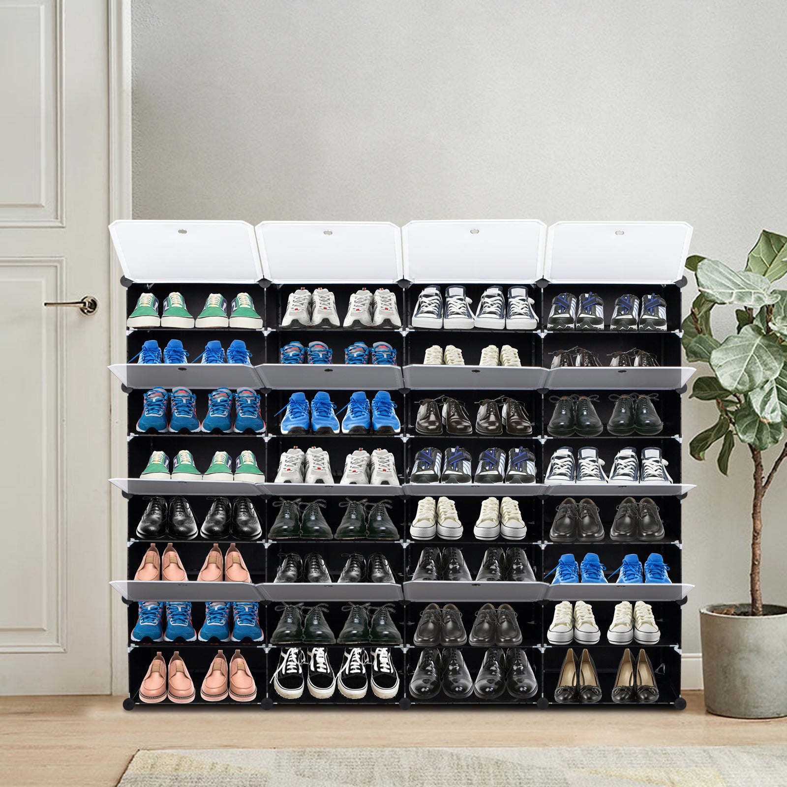 HAOYYE 8-Tier Portable Shoe Rack Organizer 64 Pair Capacity Expandable 32 Grid Tower Shelf Black Durable Design Sturdy Multifunctional Modern Organizer Space-Saving Storage Solution for Shoes, Boots, Slippers