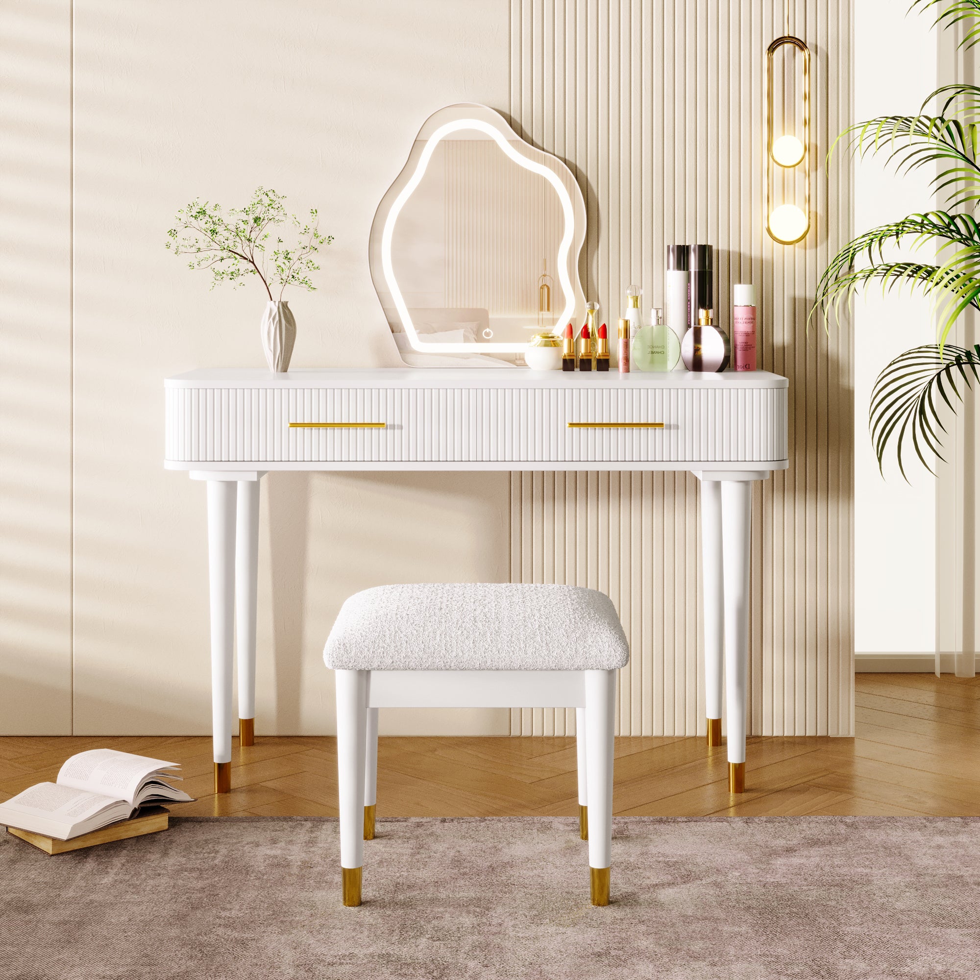 HAOYYE 40" Modern Vanity Table Set with Mirror Touch Screen Lighted Mirror, Dressing Table and Cushioned Stool Set with 2 Large Drawers, White