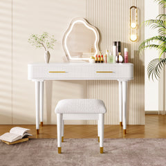 HAOYYE 40" Modern Vanity Table Set with Mirror Touch Screen Lighted Mirror, Dressing Table and Cushioned Stool Set with 2 Large Drawers, White