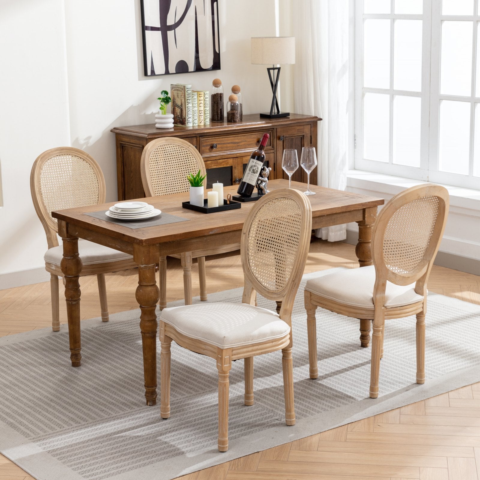 HAOYYE French Style Solid Wood Frame Antique Painting Linen Fabric Rattan Back Dining Chair,Set of 2,Cream,Beige Sturdy Space-Saving Heavy Duty Modern Design Adults Dorm Room Easy Assembly