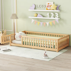 HAOYYE Twin Size Bed Floor Bed with Safety Guardrails and Door for , Natural(Old SKU: W158090686) Sturdy Space-Saving Heavy Duty Modern Design Adults Dorm Room Easy Assembly Bedroom Furniture