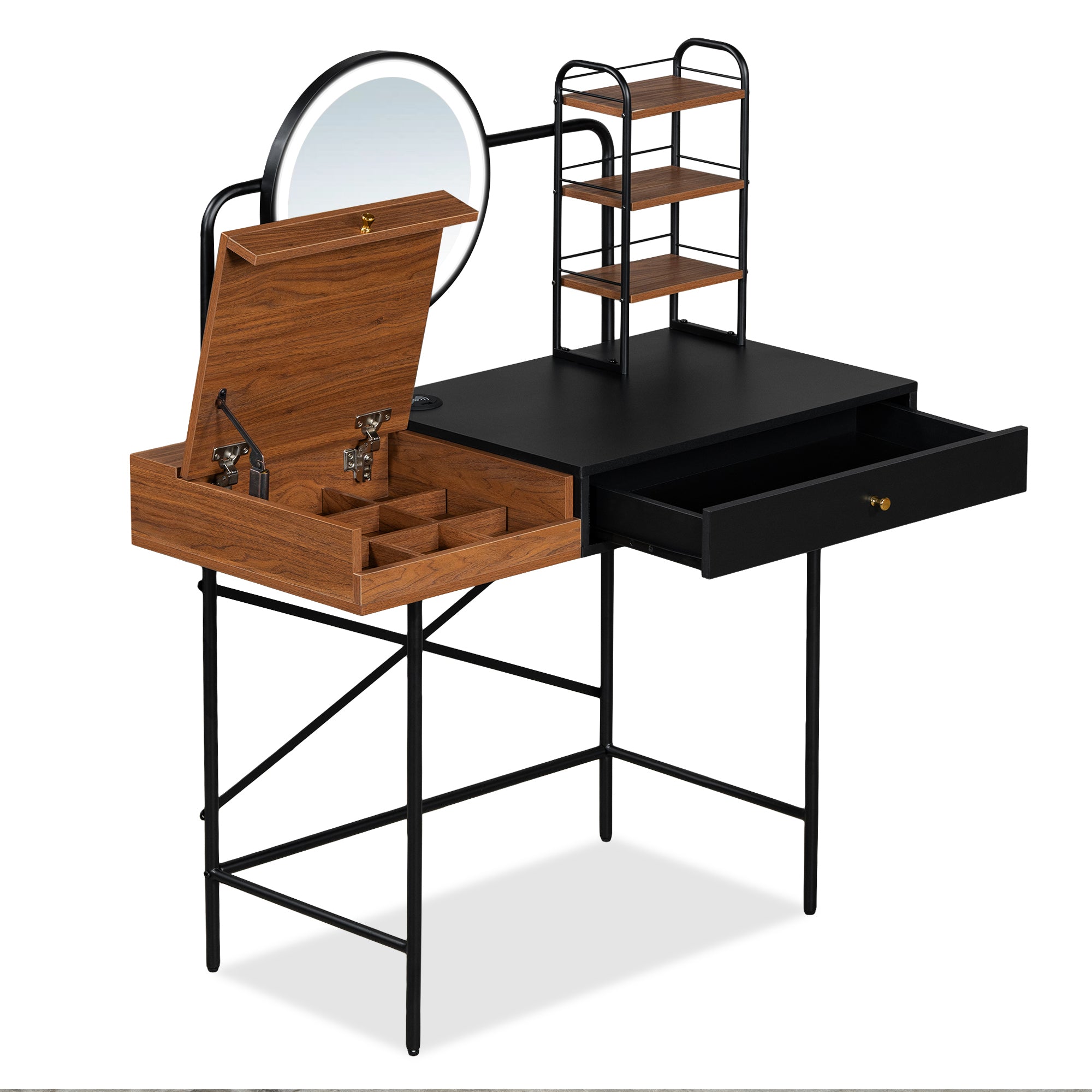 HAOYYE GO 40" Makeup Vanity Desk with 3-Mode Lighted Mirror & Wireless Charging Station , Vanity Table with Drawer & 3 Open Shelves for Ample Storage Space, Dressing Table for Bedroom, Black