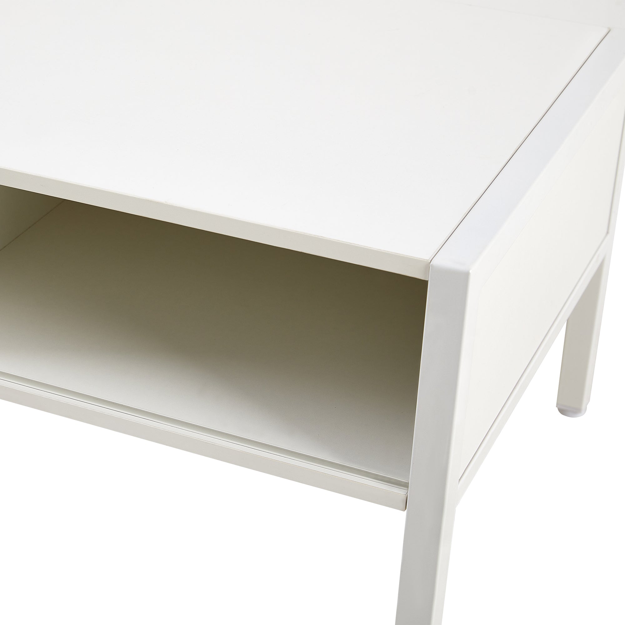 HAOYYE White Rattan Coffee Table With Sliding Door, Metal Legs, Modern Storage Table for Living Room, Sturdy Space-Saving Heavy Duty Design, Easy Assembly
