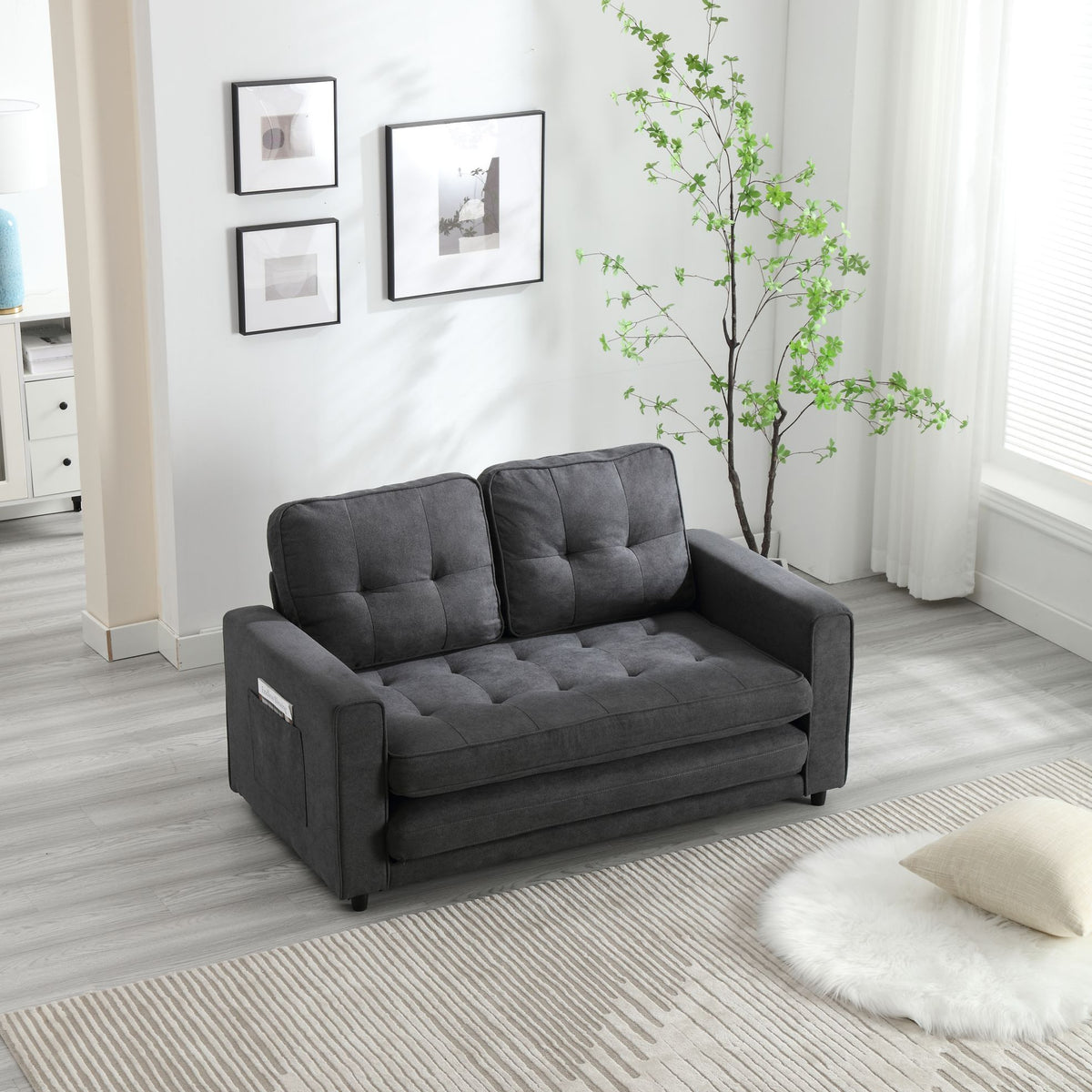 HAOYYE 3-Fold Convertible Futon Couch, Pull Out Sofa Bed, Space-Saving Loveseat Sleeper, Velvet Linen Fabric Upholstery, Heavy Duty Durable Sofa for Living Room, Modern Compact Design, Dark Gray, Light Gray, Beige