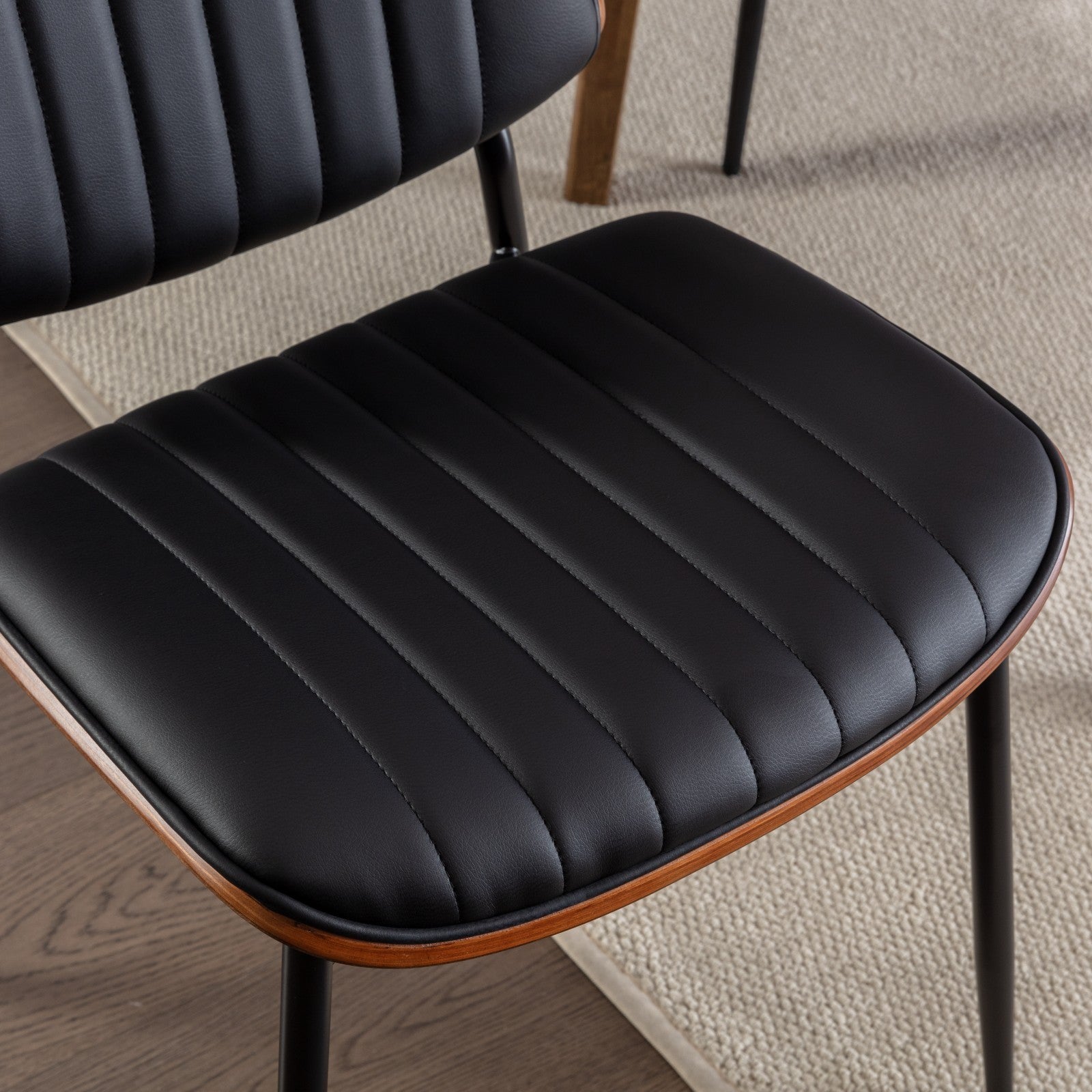 HAOYYE Dining Chairs Set of 2 Mid Century Modern Retro Faux Leather Chair with Walnut Bentwood Back Upholstered Seat Metal Legs Adjustable Foot for Kitchen Dining Room Chairs(Black PU) Sturdy