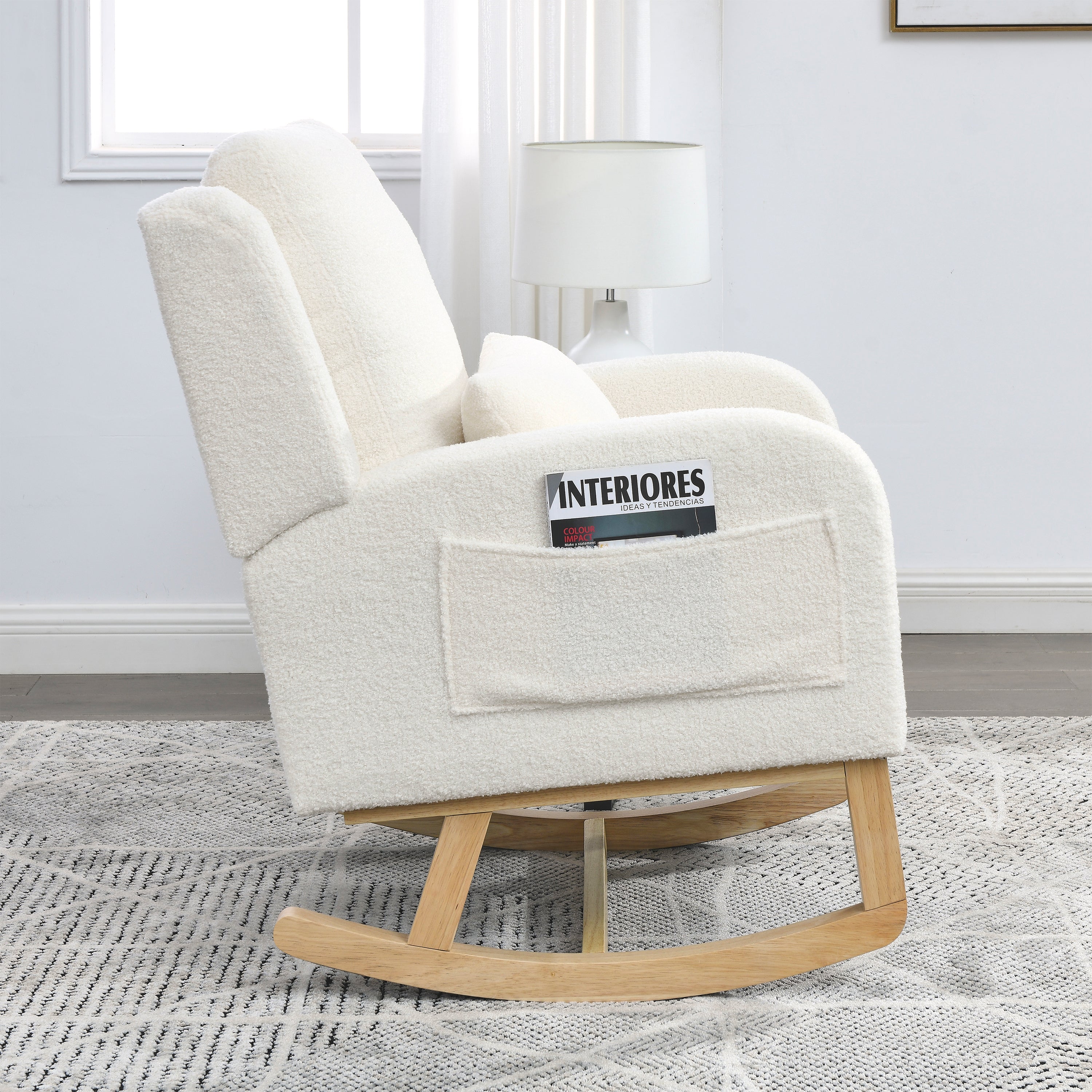 HAOYYE 27.5 "W Modern Accent High Back Living Room Casual Armchair Rocker with One Lumbar Pillow, Two Side Pockets,Teddy White (Ivory) Sturdy Space-Saving Heavy Duty Modern Design Adults