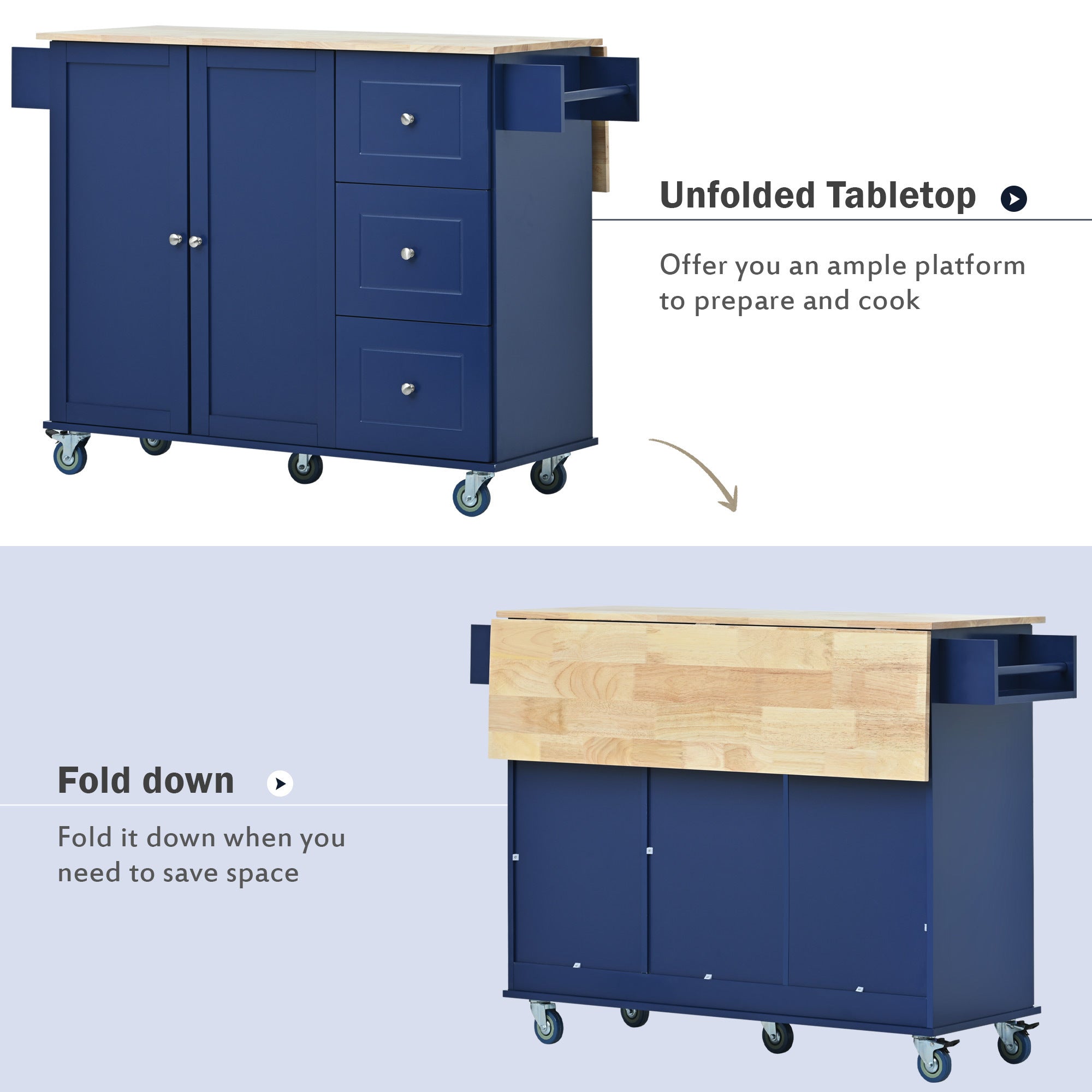 HAOYYE Rolling Mobile Kitchen Island with Drop Leaf - Solid Wood Top, Locking Wheels & Storage Cabinet 52.7 Inch Width(Dark blue) Sturdy Space-Saving Heavy Duty Modern Design Adults Dorm Room