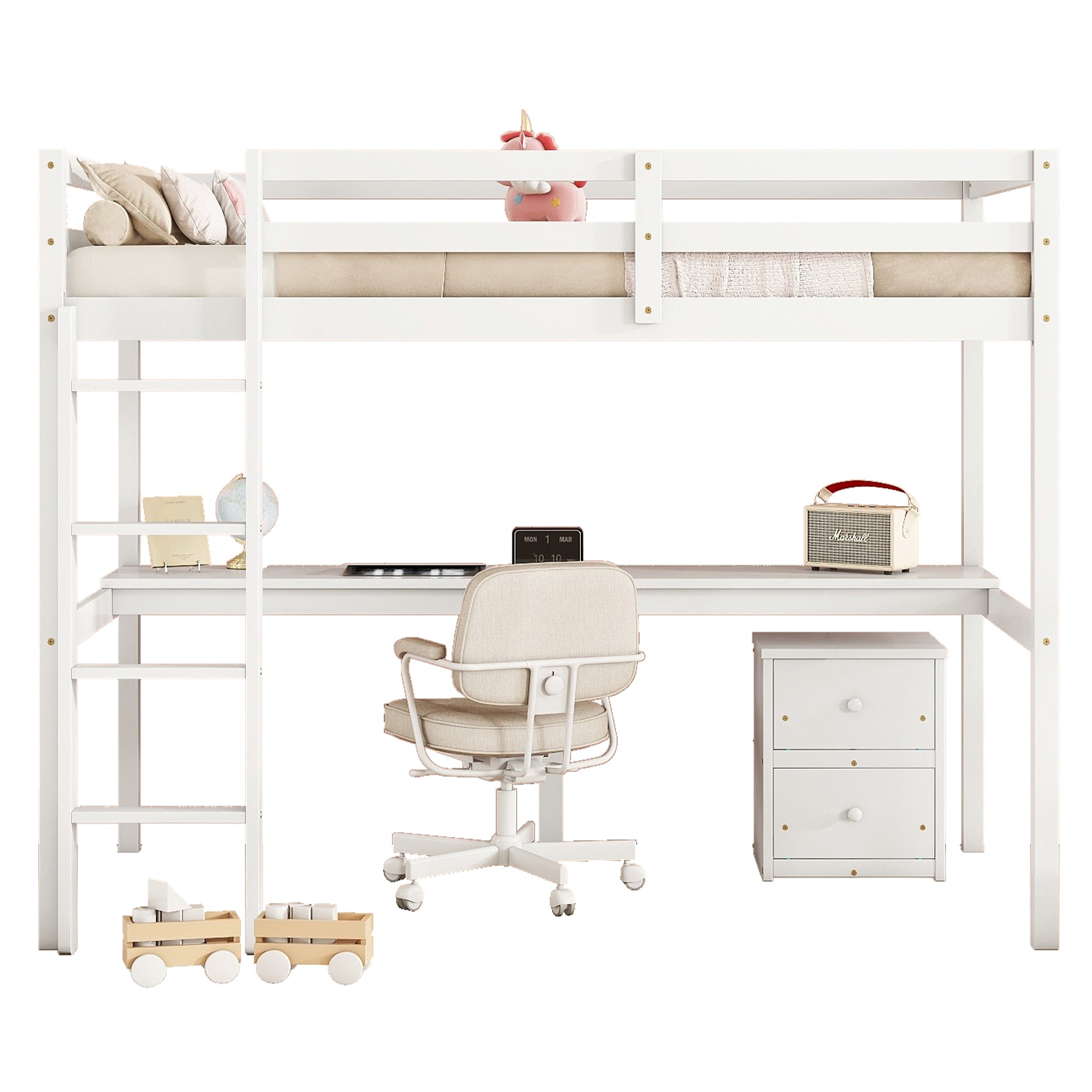 HAOYYE Twin Loft Wood Bed with Under-Bed Built-In Desk and Two-Drawer Storage Cabinet, Guardrails, and Ladder, White Sturdy Space-Saving Design, Heavy Duty Construction, Easy Assembly, Durable Stylish Home Furniture
