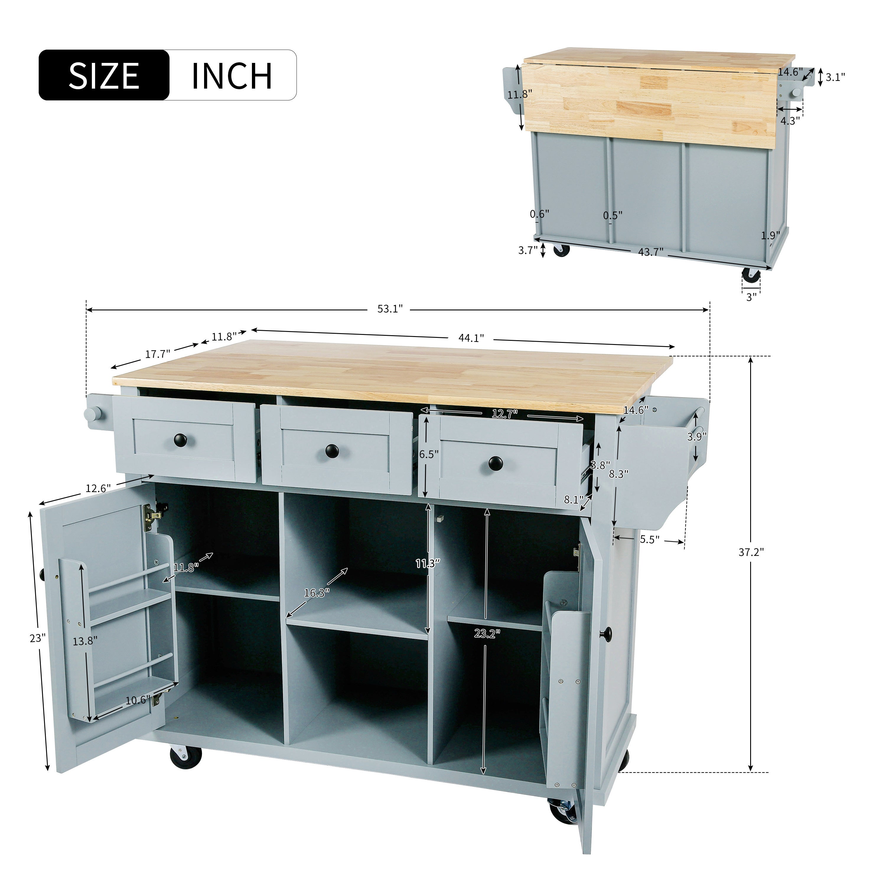 HAOYYE Kitchen Cart with Rubberwood Drop-Leaf Countertop, Cabinet Door Internal Storage Racks, Kitchen Island on 5 Wheels with Storage Cabinet and 3 Drawers for Dining Room, Grey Blue, Sturdy Space-Saving Design, Durable Home Furniture