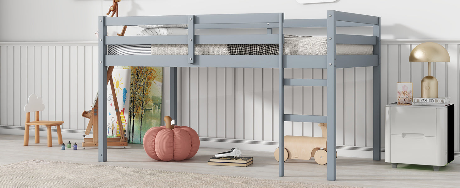 HAOYYE Solid Wooden, Rubber Wooden Twin Loft Bed with Ladder, Bed Platform of Strengthened Slats , Grey Sturdy Space-Saving Heavy Duty Modern Design Adults Dorm Room Easy Assembly Bedroom Furniture