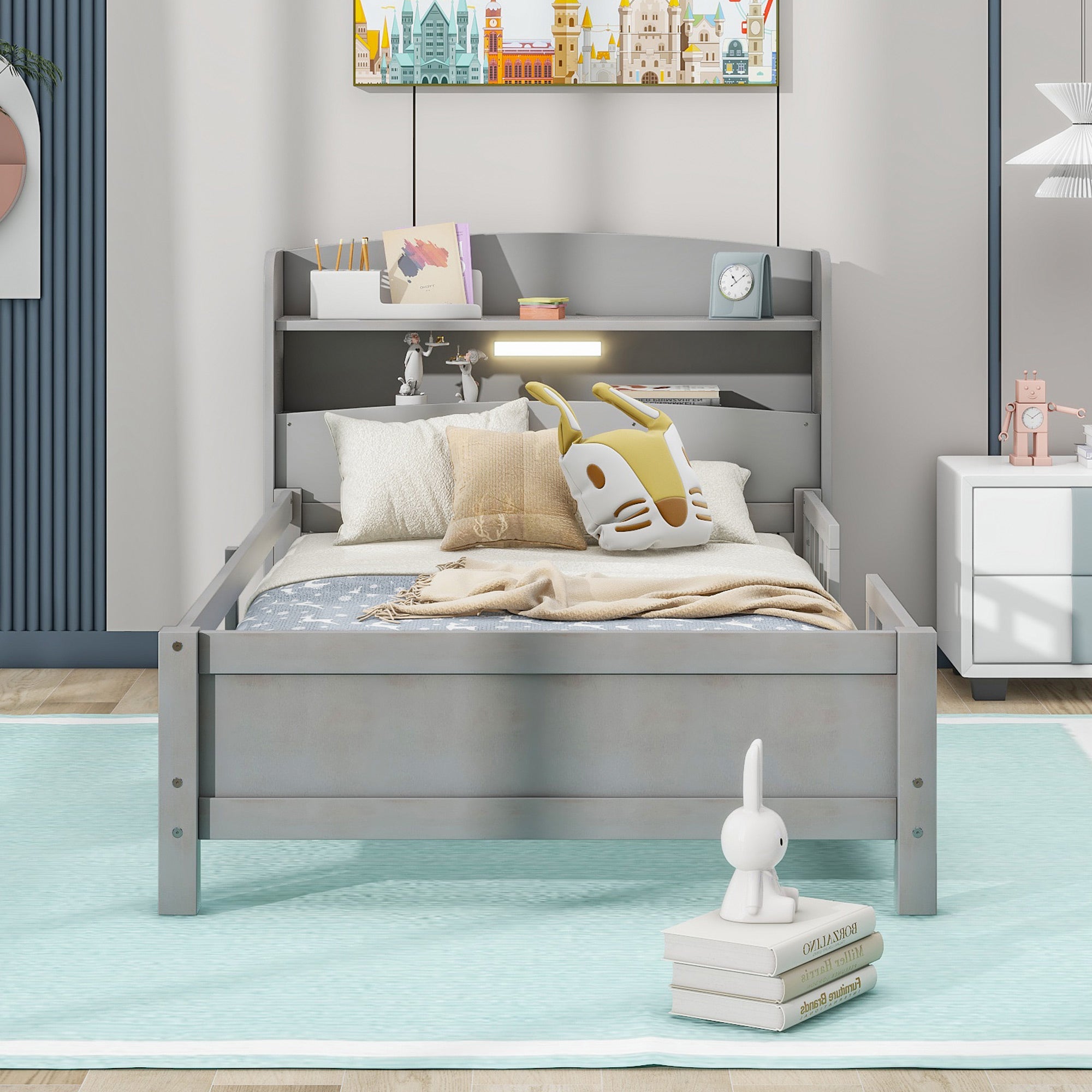 HAOYYE Wood Twin Size Platform Bed with Built-in LED Light, Storage Headboard and Guardrail, Antique Grey Sturdy Space-Saving Heavy Duty Modern Design Adults Dorm Room Easy Assembly Bedroom Furniture