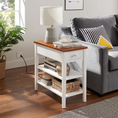 HAOYYE Narrow 2-tone End Table with USB Charging Ports for Small Space, SOLID WOOD Table Legs, White and Walnut, 11.8"W*24"D*24.2"H Sturdy Space-Saving Heavy Duty Modern Design Adults Dorm Room