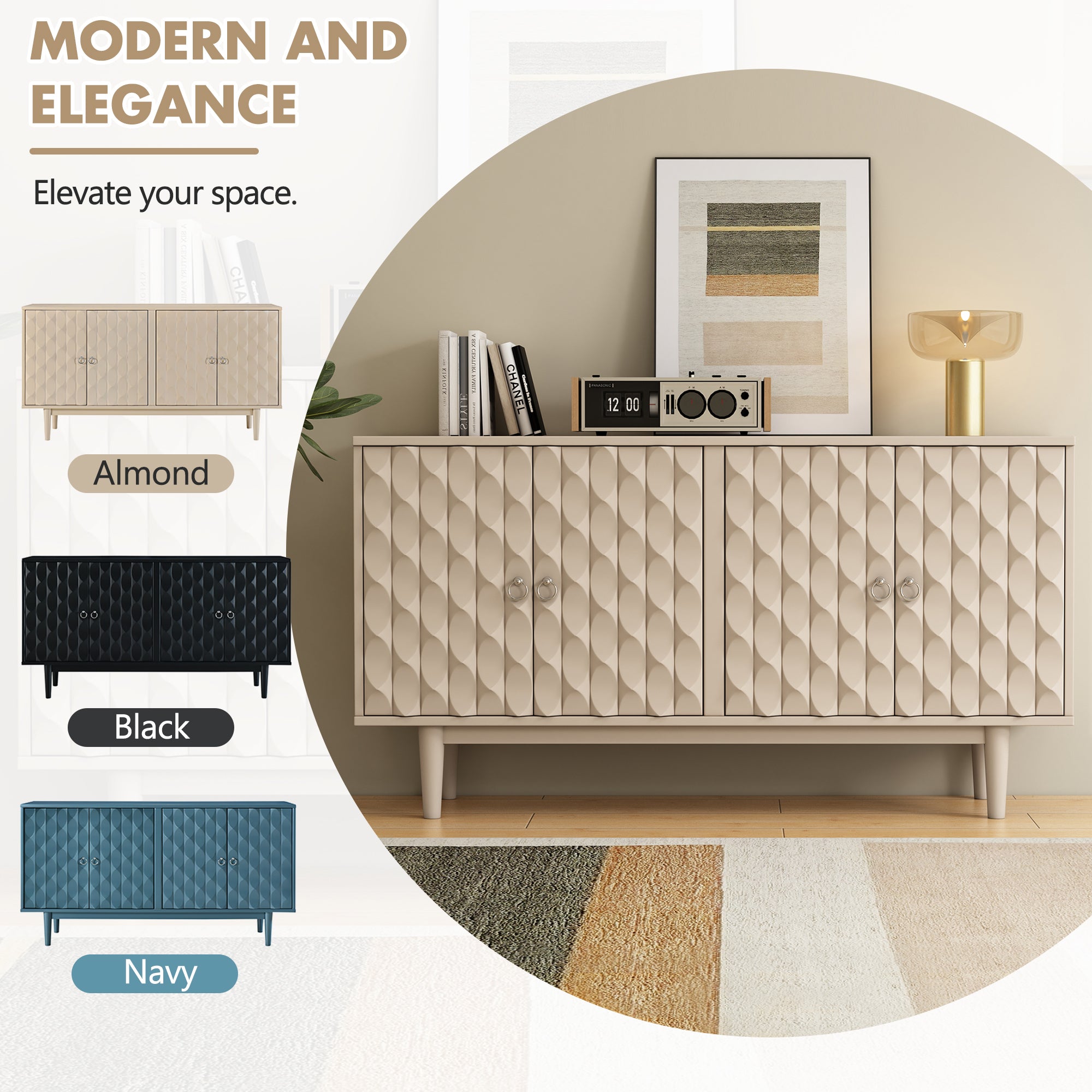 HAOYYE Modern 4-door Sideboard with Convex Pattern Doors and 2 Silver Handle for Living Room, Dining Room, Kitchen (Almond) Sturdy Space-Saving Heavy Duty Modern Design Easy Assembly Durable Stylish