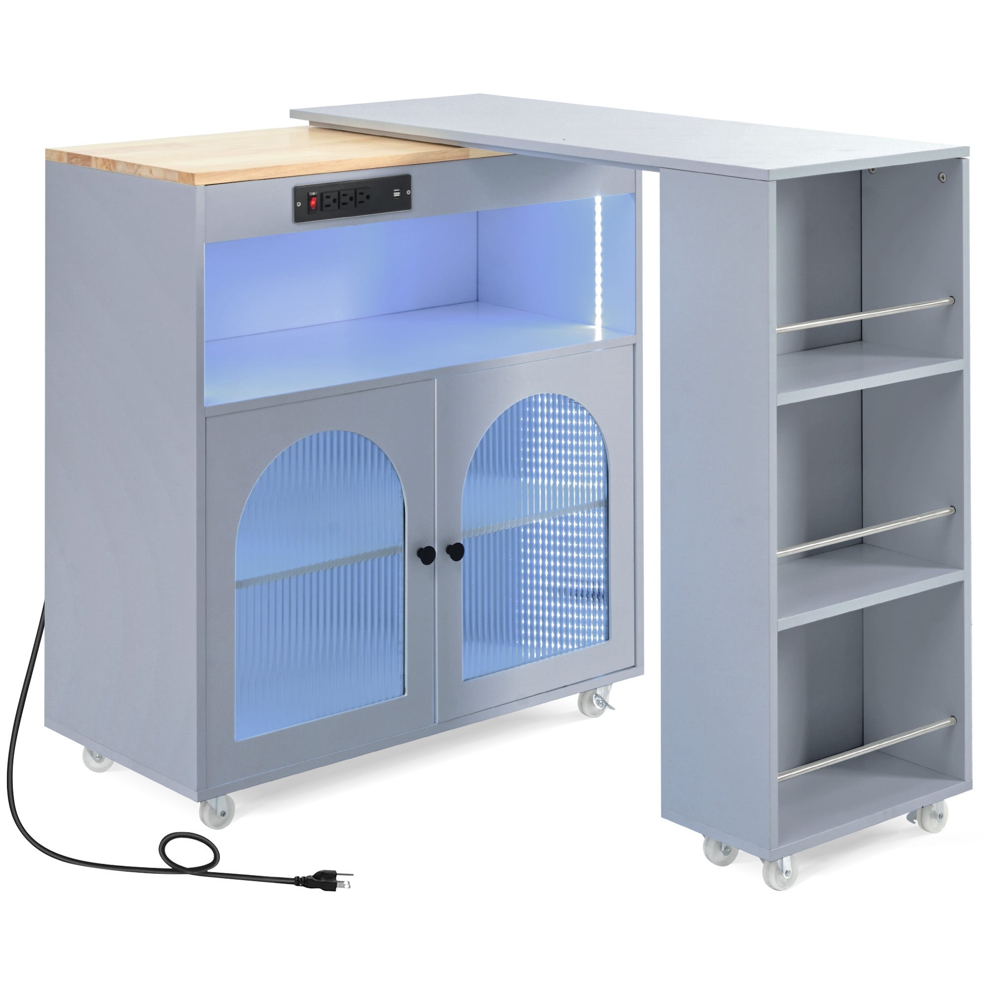 HAOYYE K&K Rolling Kitchen Island With Extended Table, Kitchen Island on Wheels with LED Lights,Power Outlets and 2 Fluted Glass Doors, Kitchen Island with a Storage Compartment and Side 3 Open Shelves, Grey
