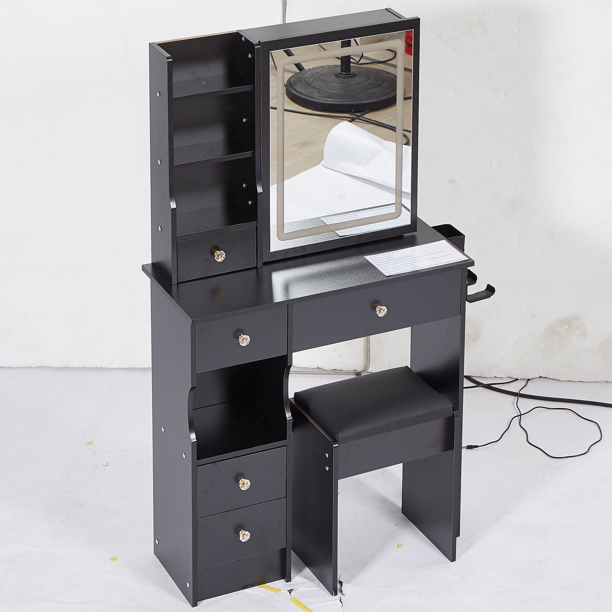 HAOYYE Compact Vanity Table With Left Drawer, Cushioned Stool, Touch-Control LED Mirror, Tri-Color Lighting, 2 AC & 2 USB Power Outlets, Hair Dryer Bracket, Certified by EPA, GCC, and UL
