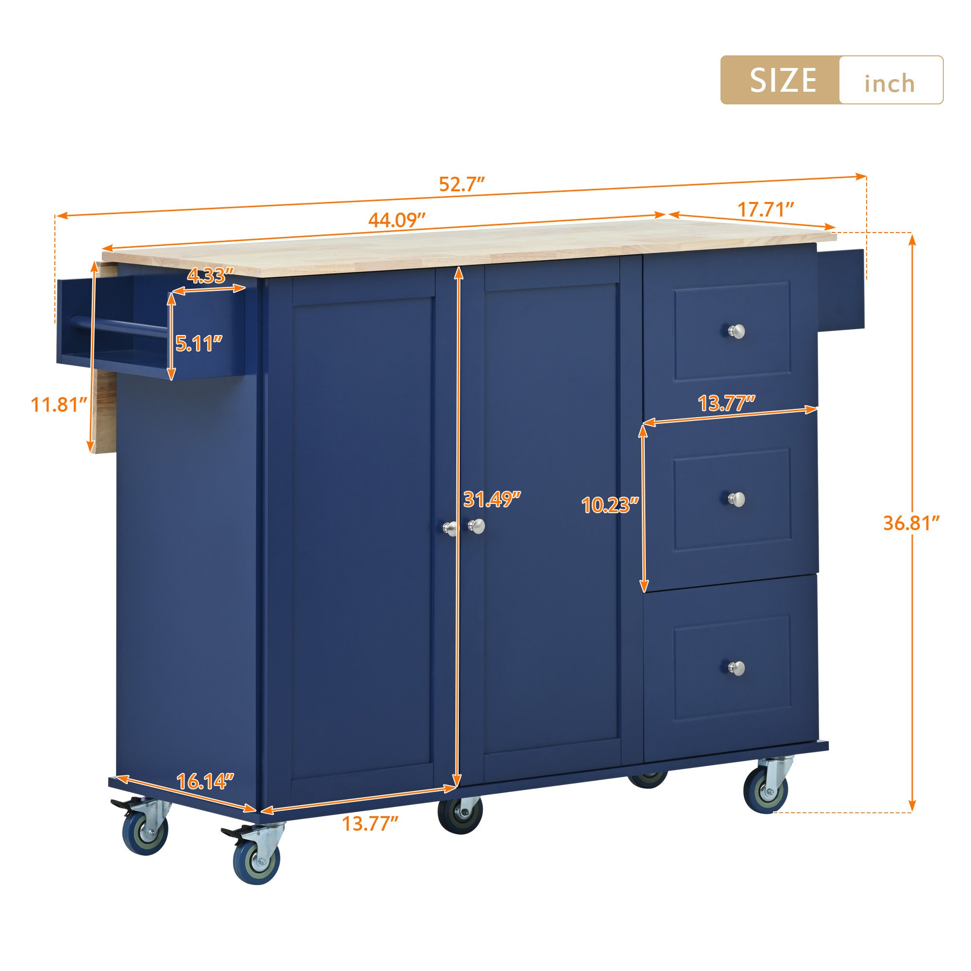 HAOYYE Rolling Mobile Kitchen Island with Drop Leaf - Solid Wood Top, Locking Wheels & Storage Cabinet 52.7 Inch Width(Dark blue) Sturdy Space-Saving Heavy Duty Modern Design Adults Dorm Room