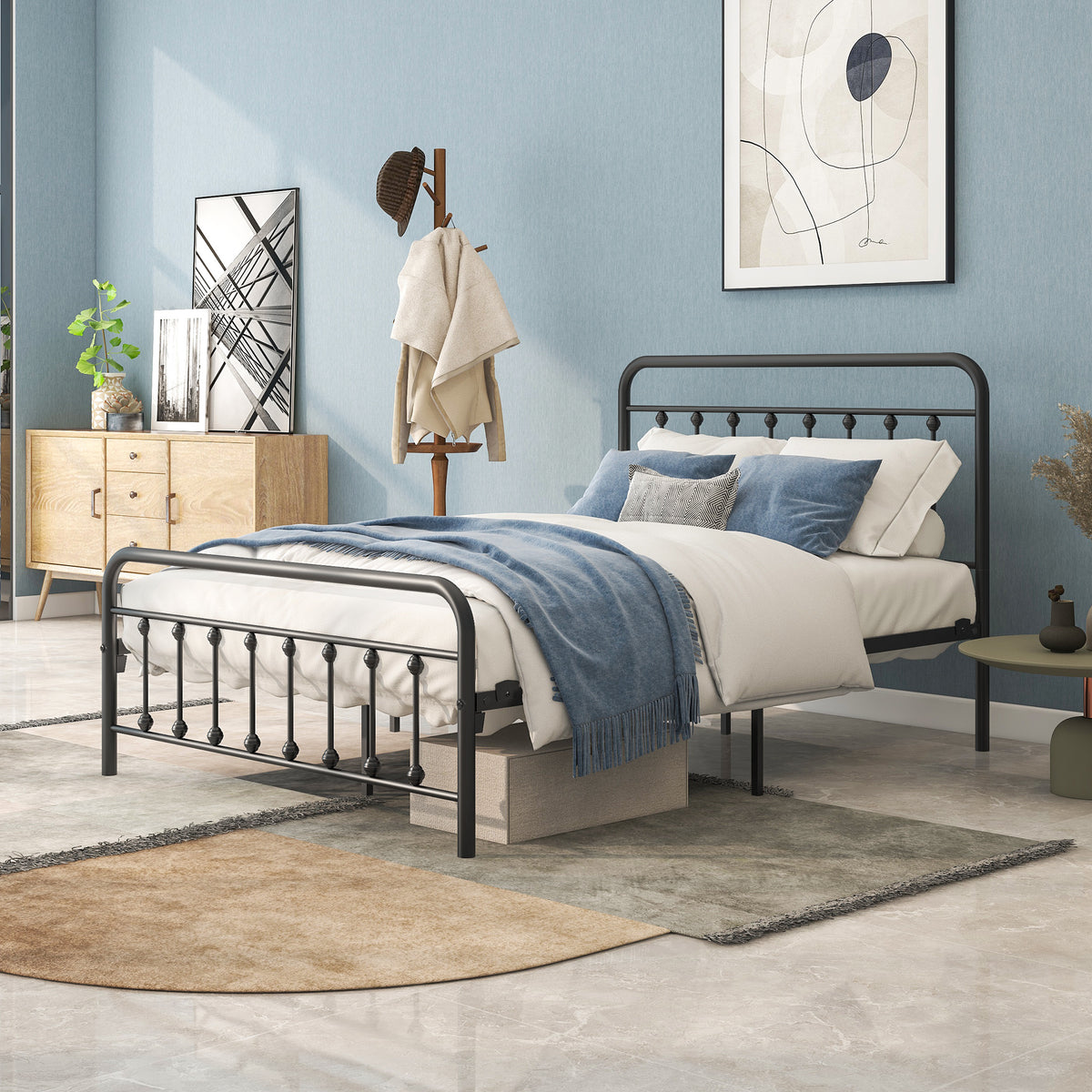 HAOYYE FULL Metal Platform Bed Frame with Headboard, Strong Slat Support, No Box Spring Needed,Easy Assembly BLACK Sturdy Space-Saving Heavy Duty Modern Design Durable Stylish Home Furniture Versatile