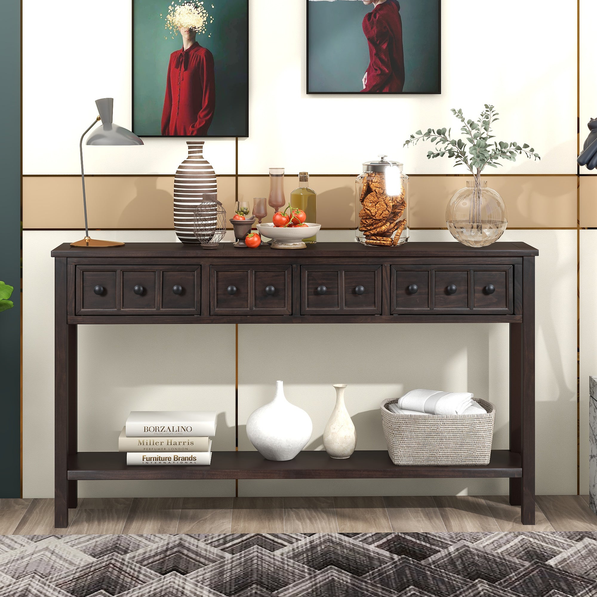 HAOYYE Rustic Entryway Console Table, Long Sofa Table with Two Drawers and Bottom Storage Shelf, Espresso, Sturdy Space-Saving Design, Heavy Duty Construction, Easy Assembly, Durable and Stylish Home Furniture