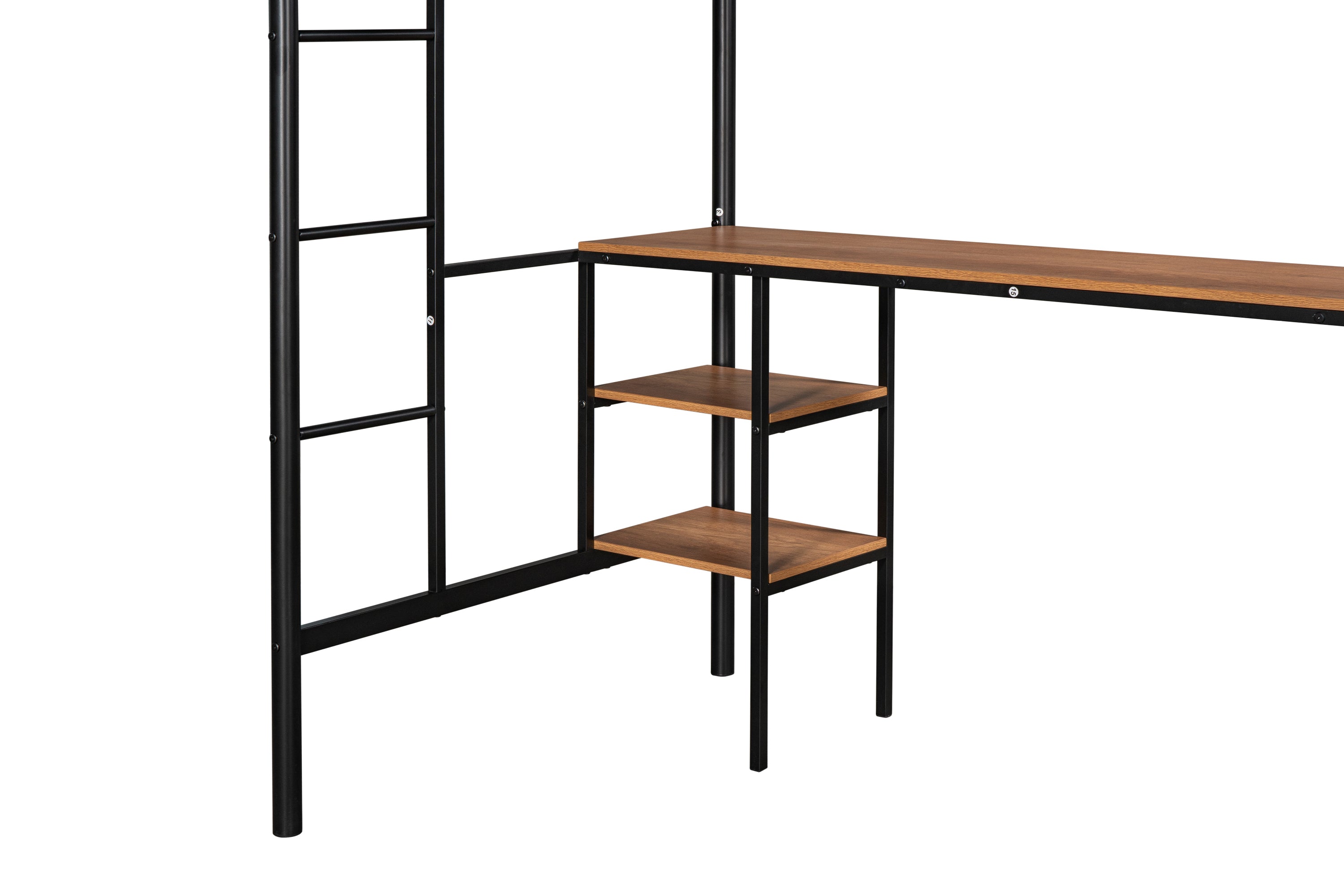 HAOYYE Twin-Size Loft Bed With Table And Shelves, Heavy-Duty Metal Construction, Noise-Reduced Design, Safety Guardrail, Two Side Ladders, CPC Certified, No Box Spring Required, Space-Saving Loft Bed For Modern Living Spaces
