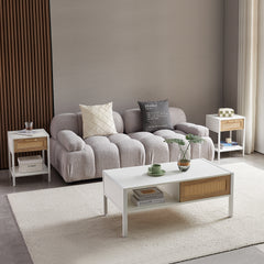 HAOYYE White Rattan Coffee Table With Sliding Door, Metal Legs, Modern Storage Table for Living Room, Sturdy Space-Saving Heavy Duty Design, Easy Assembly