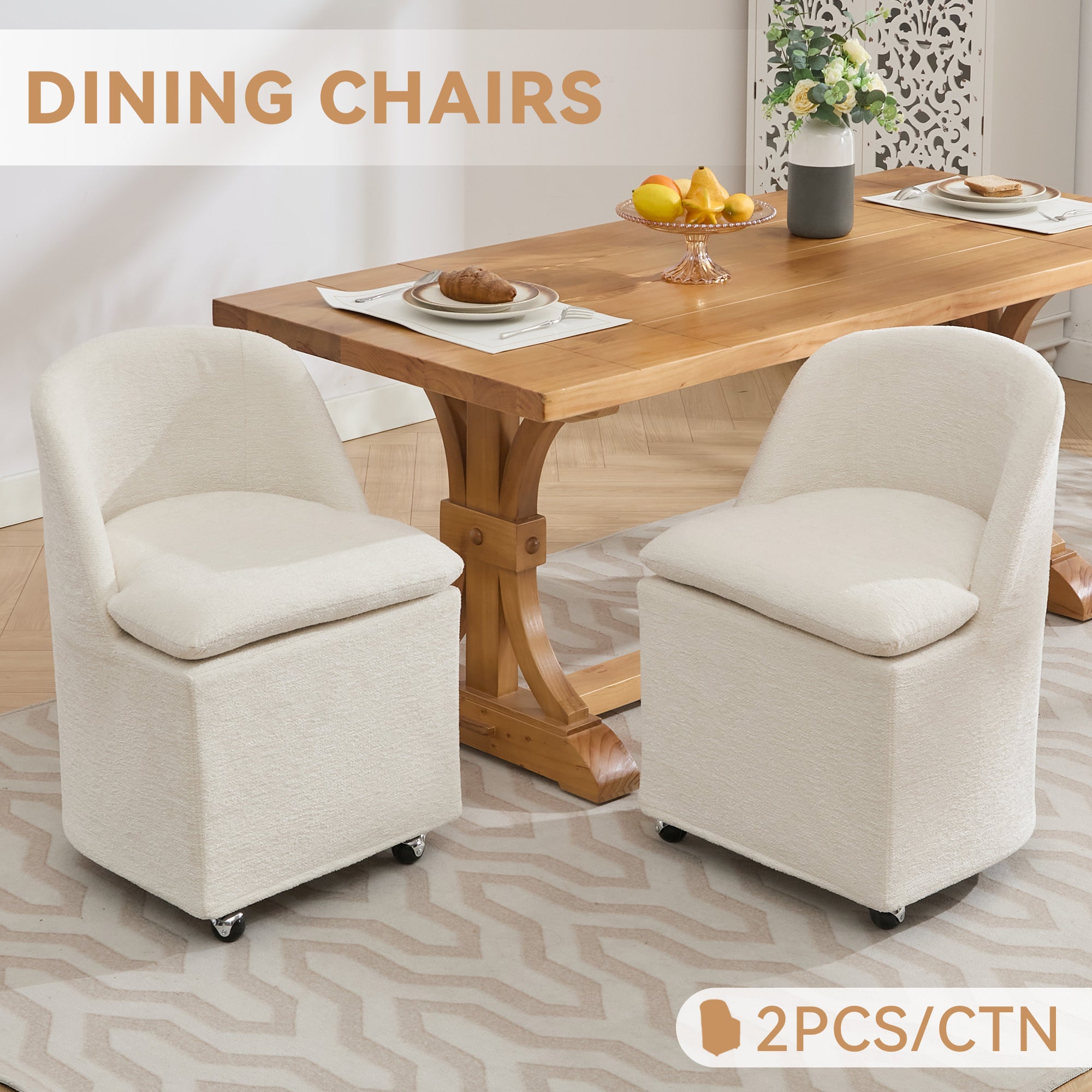 HAOYYE 058-Set of 2 Chenille Fabric Dining Chairs With Universal Wheels,Beige Sturdy Space-Saving Heavy Duty Modern Design Adults Dorm Room Easy Assembly Bedroom Furniture