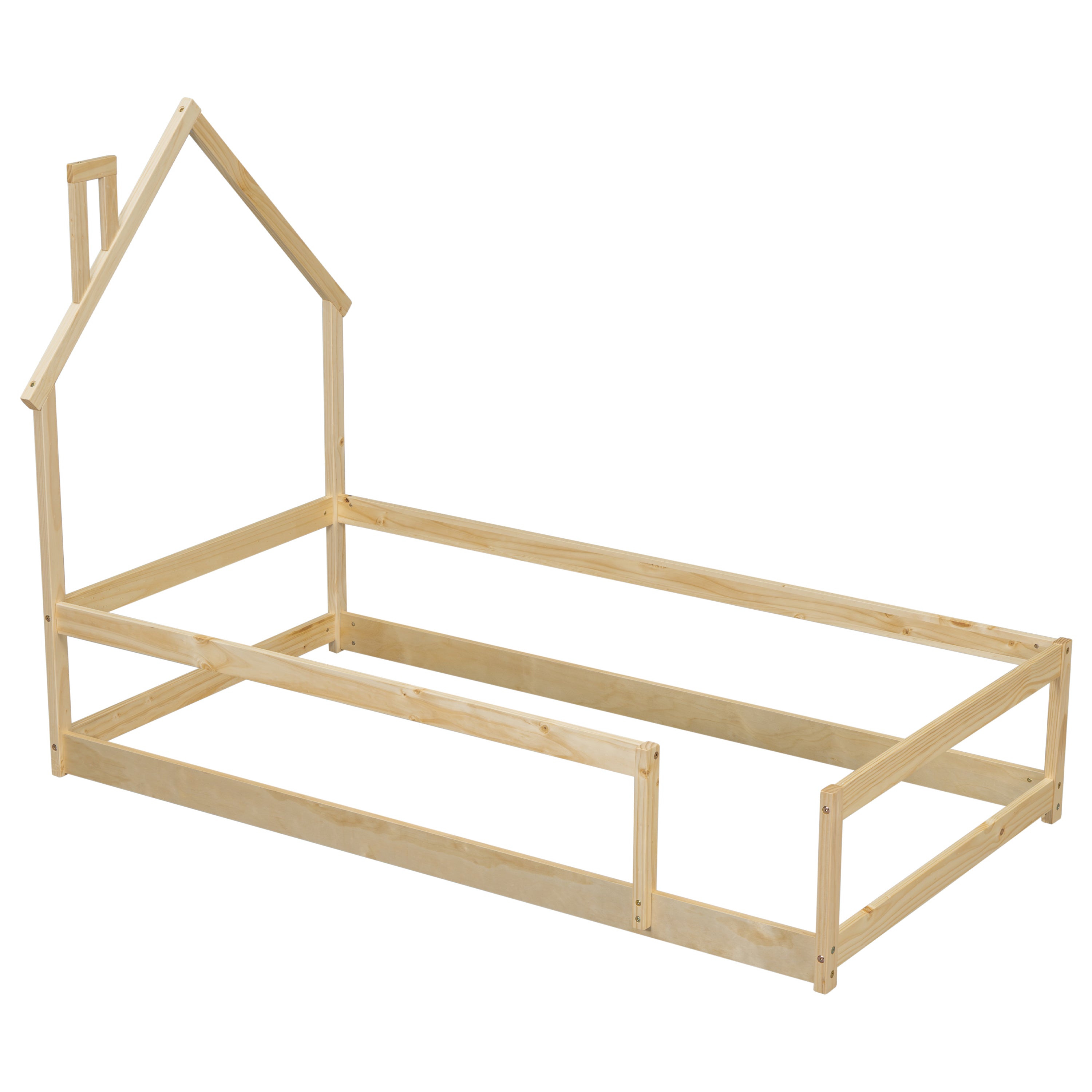 Haoyye Twin Size Wood Bed with House-Shaped Headboard, Floor Bed Frame with Fences and Guardrails, Low Platform Design for Bedroom or Dorm, Sturdy Pine Construction, Space-Saving and Heavy Duty, Easy Assembly, Ideal for Cozy Sleeping Spaces