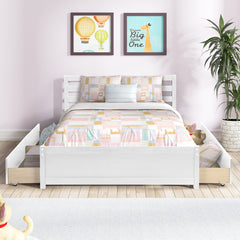 HAOYYE Full Size Wood Platform Bed Frame with 4 Storage Drawers and Headboard of White Color for All Ages Sturdy Space-Saving Heavy Duty Modern Design Adults Dorm Room Easy Assembly Bedroom Furniture