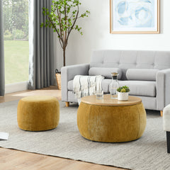 HAOYYE Round Storage Ottoman, 2-in-1 Functional Design as End Table and Ottoman, Includes Small Seat, Dark Yellow, Modern Space-Saving Accent Furniture for Living Room, Bedroom, or Office, Sturdy and Heavy-Duty, Easy Assembly