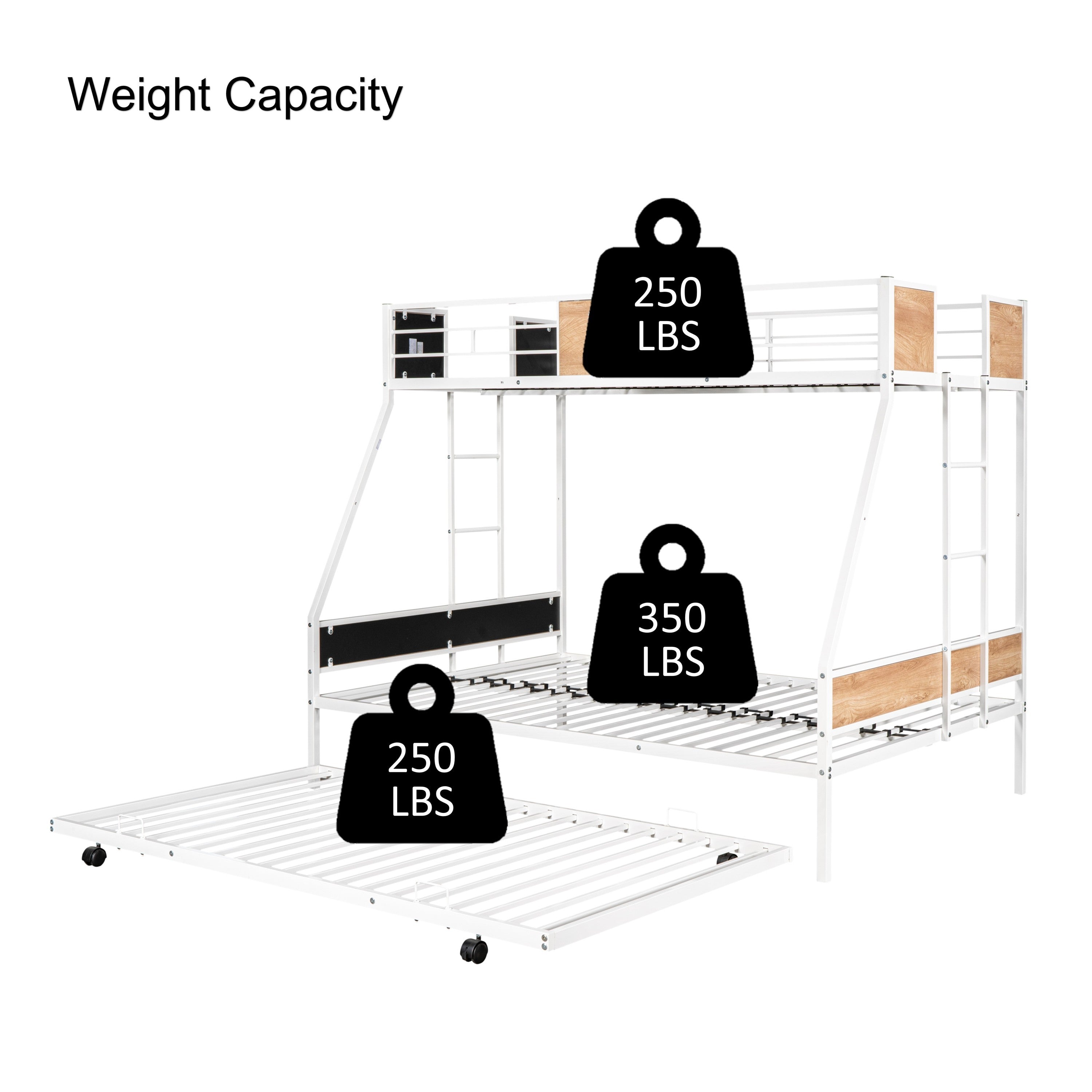 HAOYYE Metal Twin over Full Bunk Bed with Trundle/ Heavy-duty Sturdy Metal/ Noise Reduced/ Safety Guardrail/ Wooden Decoration/ Convenient Trundle / Bunk Bed for Three/ CPC Certified/ No Box Spring Needed