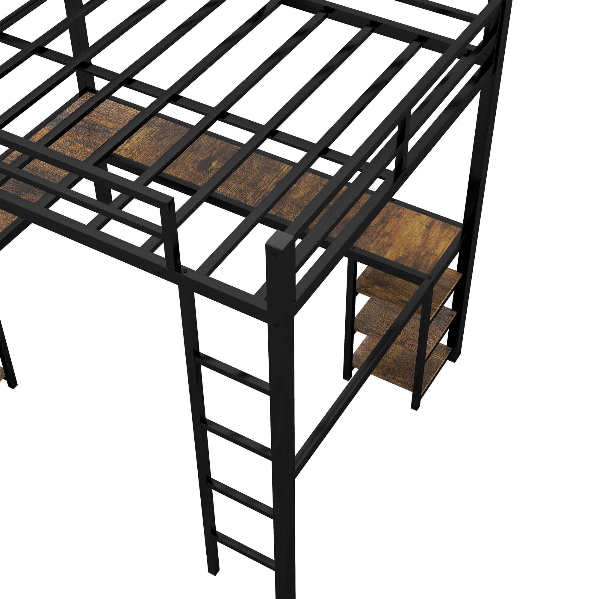 HAOYYE Full Metal Loft Bed with Desk and Shelves, Loft Bed with Ladder and Guardrails, Loft Bed Frame for Bedroom, Black with Vintage wood-colored desk Sturdy Space-Saving Heavy Duty Modern Design