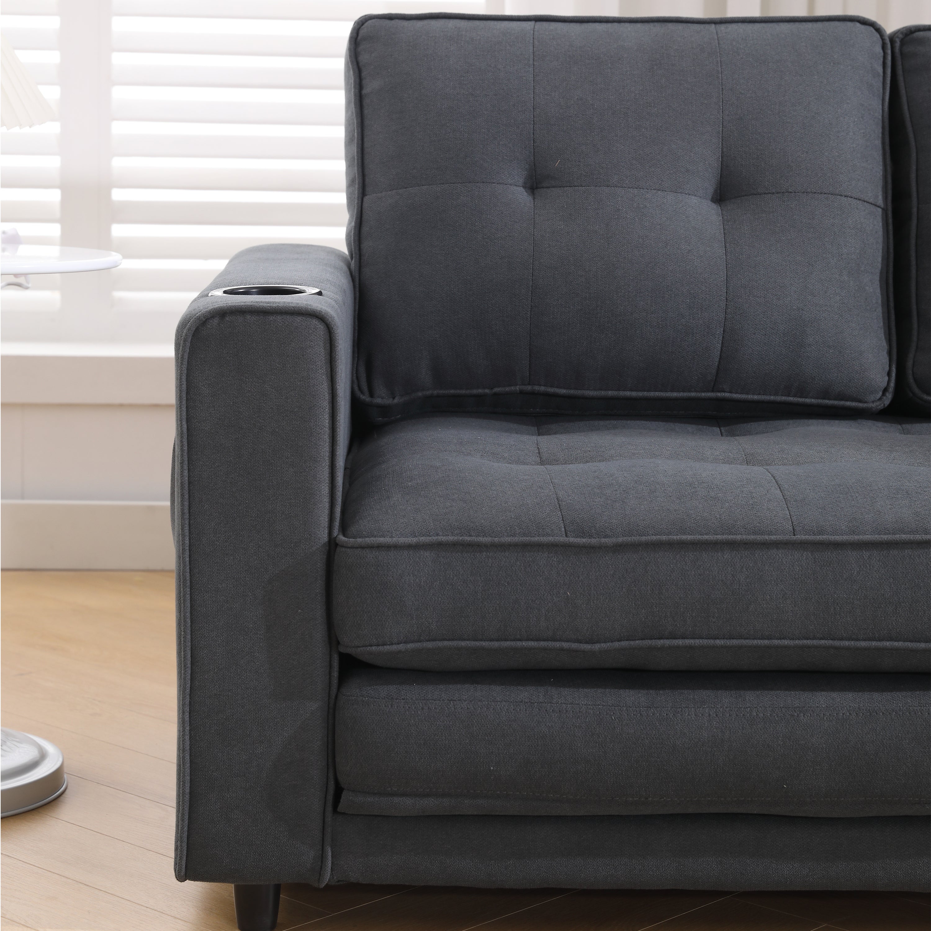 HAOYYE 3-in-1 Upholstered Convertible Futon Sofa Bed, Foldable Tufted Loveseat with Pull-Out Sleeper, Daybed with Side Pockets and Cup Holder, Dark Gray Sturdy Space-Saving Modern Design Easy Assembly