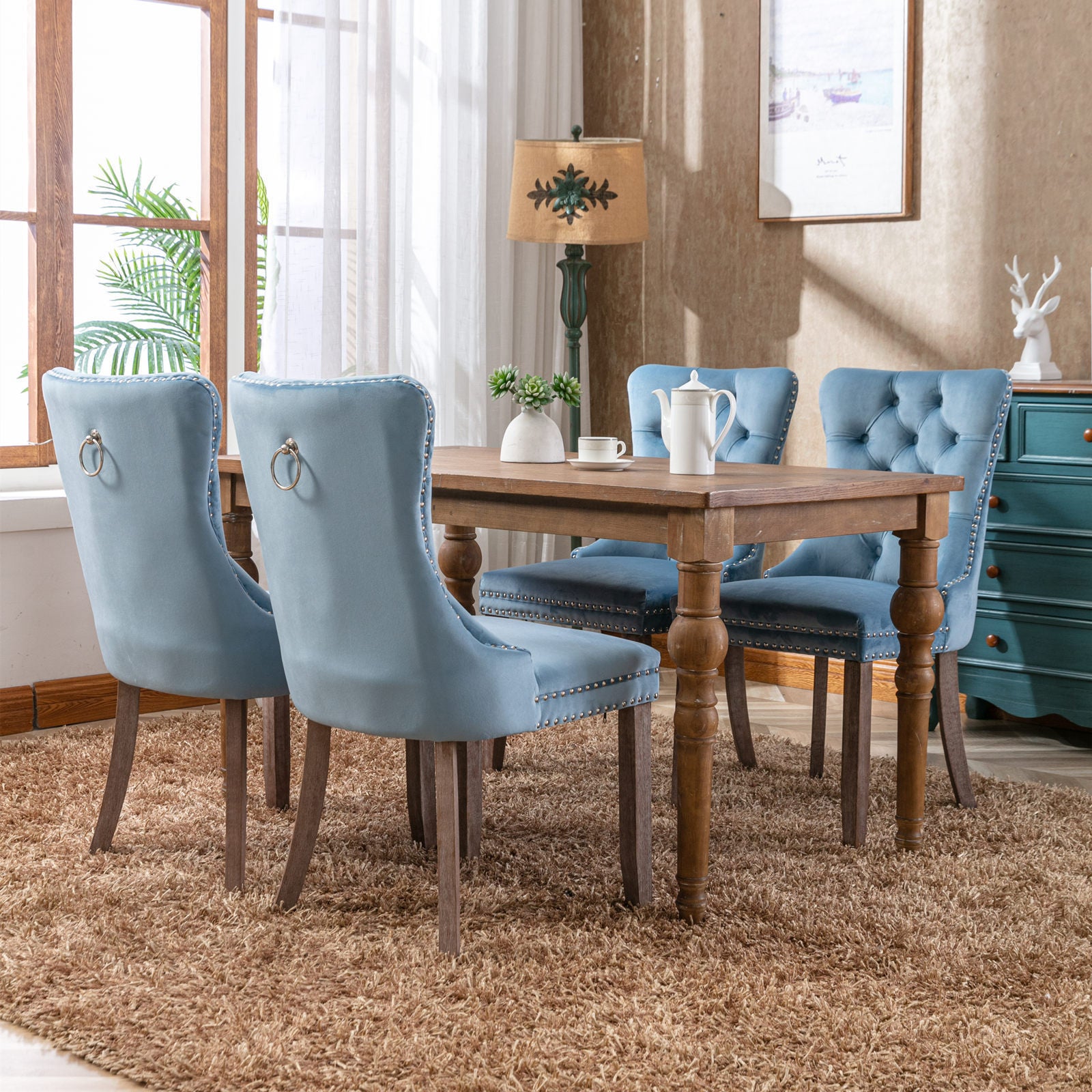 HAOYYE High-end Tufted Solid Wood Contemporary Velvet Upholstered Dining Chair with Wood Legs Nailhead Trim 2-Pcs Set,Light Blue, SW2001LB Sturdy Space-Saving Heavy Duty Durable