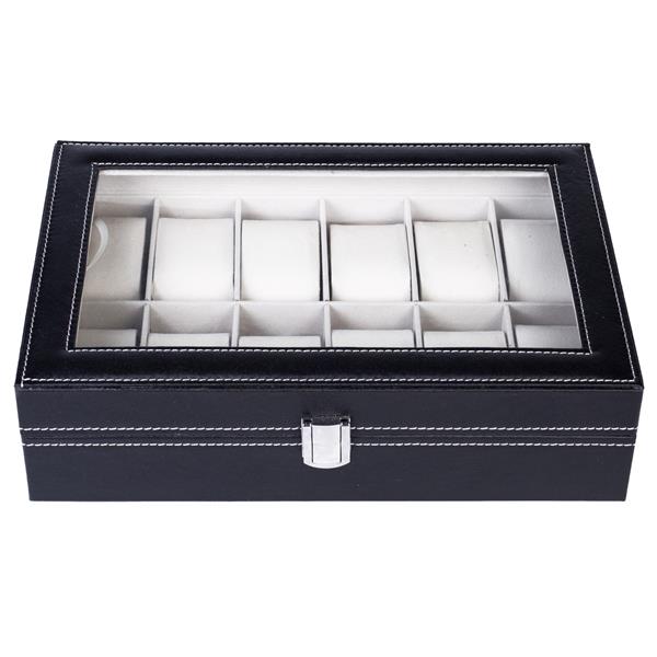 HAOYYE 12 Compartments Top-Level Opening Style Leather Watch Collection Box, Black Soft Cozy Warm Flannel Fleece Home Decor, Luxury Comfortable Unique Design, Premium Quality Decorative Display Case for Watches and Accessories