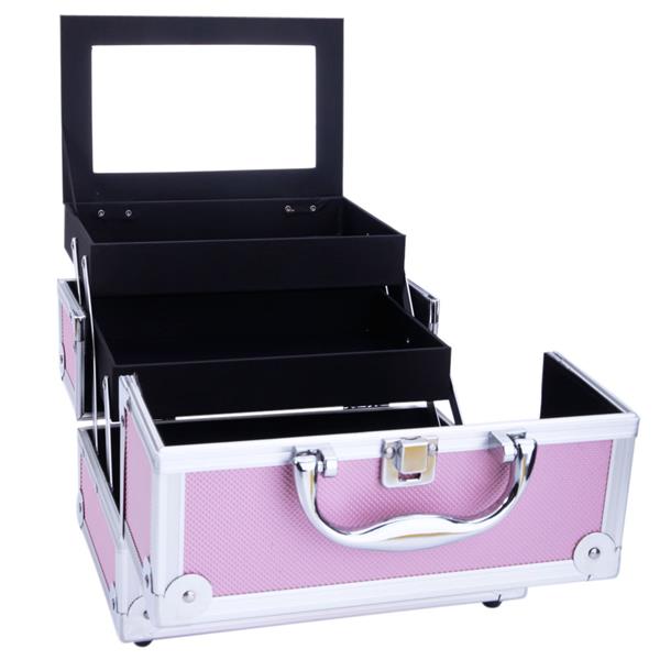 HAOYYE Aluminum Makeup Train Case Jewelry Box, Pink Cosmetic Organizer with Mirror, Durable Space-Saving Storage Solution, Stylish Design, Versatile Use for Travel, Home, or Salon, Premium Quality, Modern and Convenient