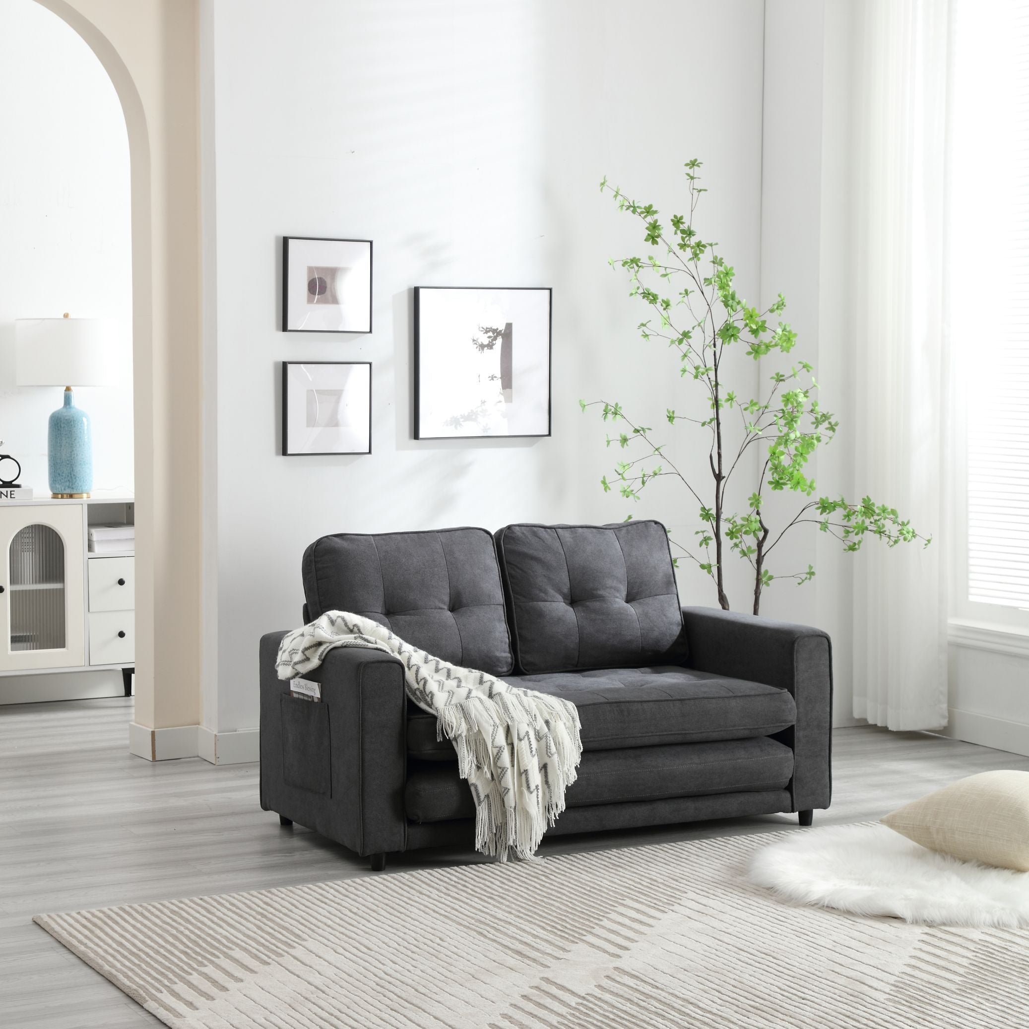 HAOYYE 3-Fold Convertible Futon Couch, Pull Out Sofa Bed, Space-Saving Loveseat Sleeper, Velvet Linen Fabric Upholstery, Heavy Duty Durable Sofa for Living Room, Modern Compact Design, Dark Gray, Light Gray, Beige